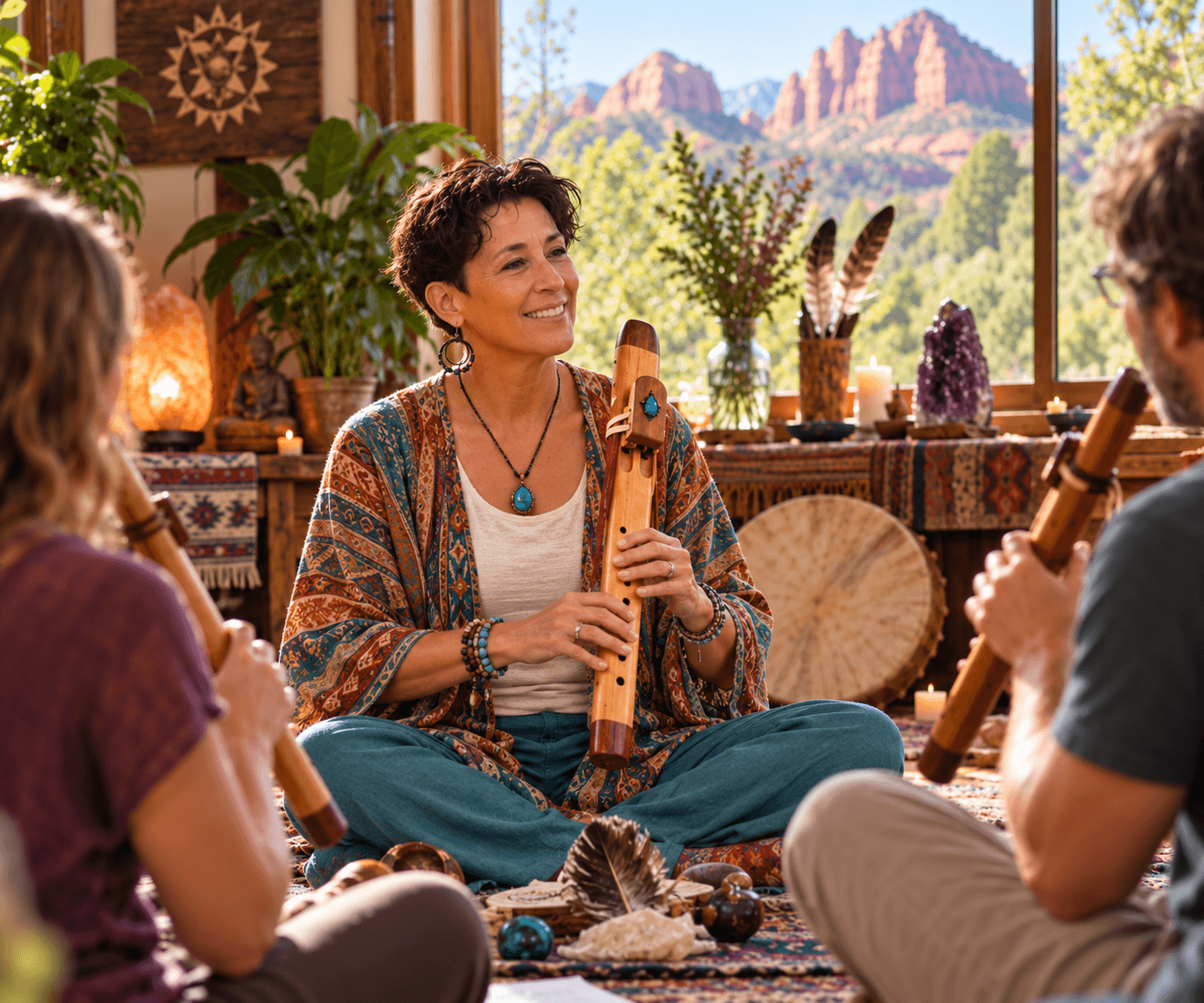 Native American flute group lesson in Sedona with a music teacher guiding a small indoor class in breath, tone, rhythm, and mindful flute playing.