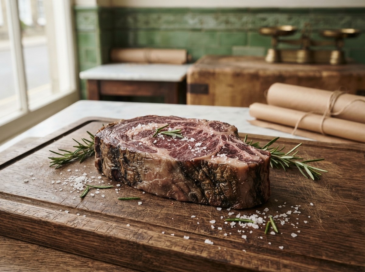 Dry-aged ribeye steak, thick cut, deep marbling, coarse salt and rosemary, on a dark oak board