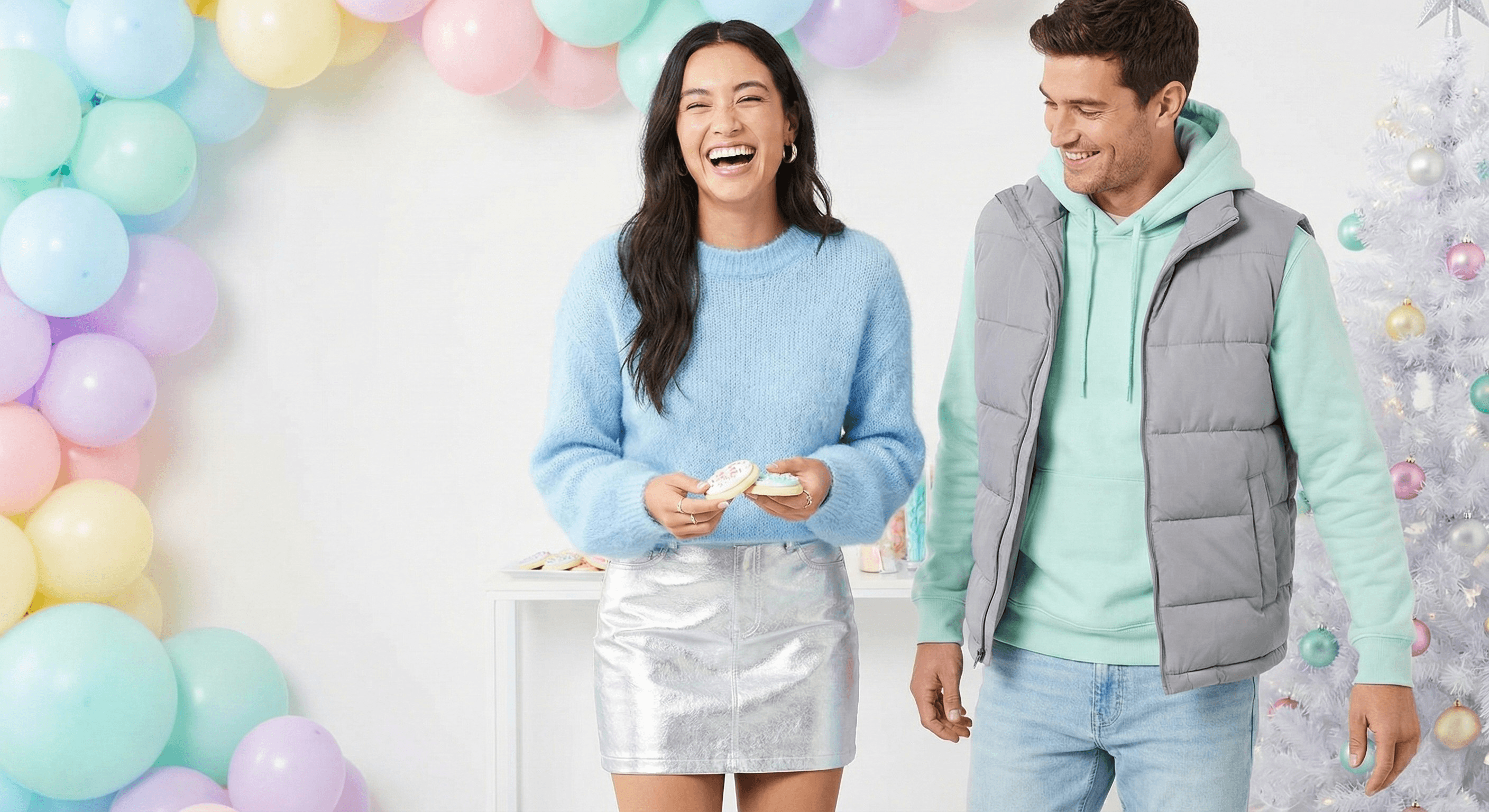 Soft pastel Christmas outfit in lavender and frosty blue shades, a growing trend for those wanting to skip red and green yet keep a winter-inspired look