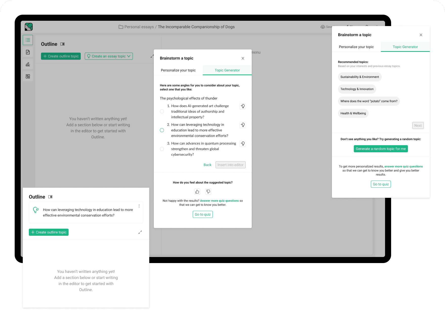 The first iteration of the brainstorm modal. This is where the topic finder lives in the Essay workspace.