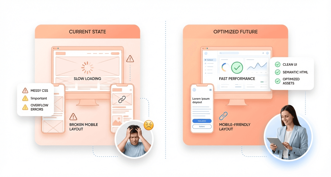 Frontend development mistakes affecting website performance, mobile usability, CSS maintainability, and overall user experience in modern SaaS products