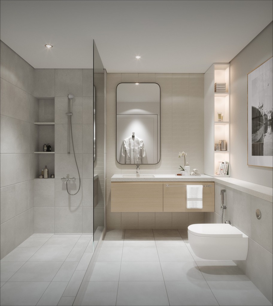 A modern bathroom featuring a shower, toilet, and sink, located at Creek Crescent.