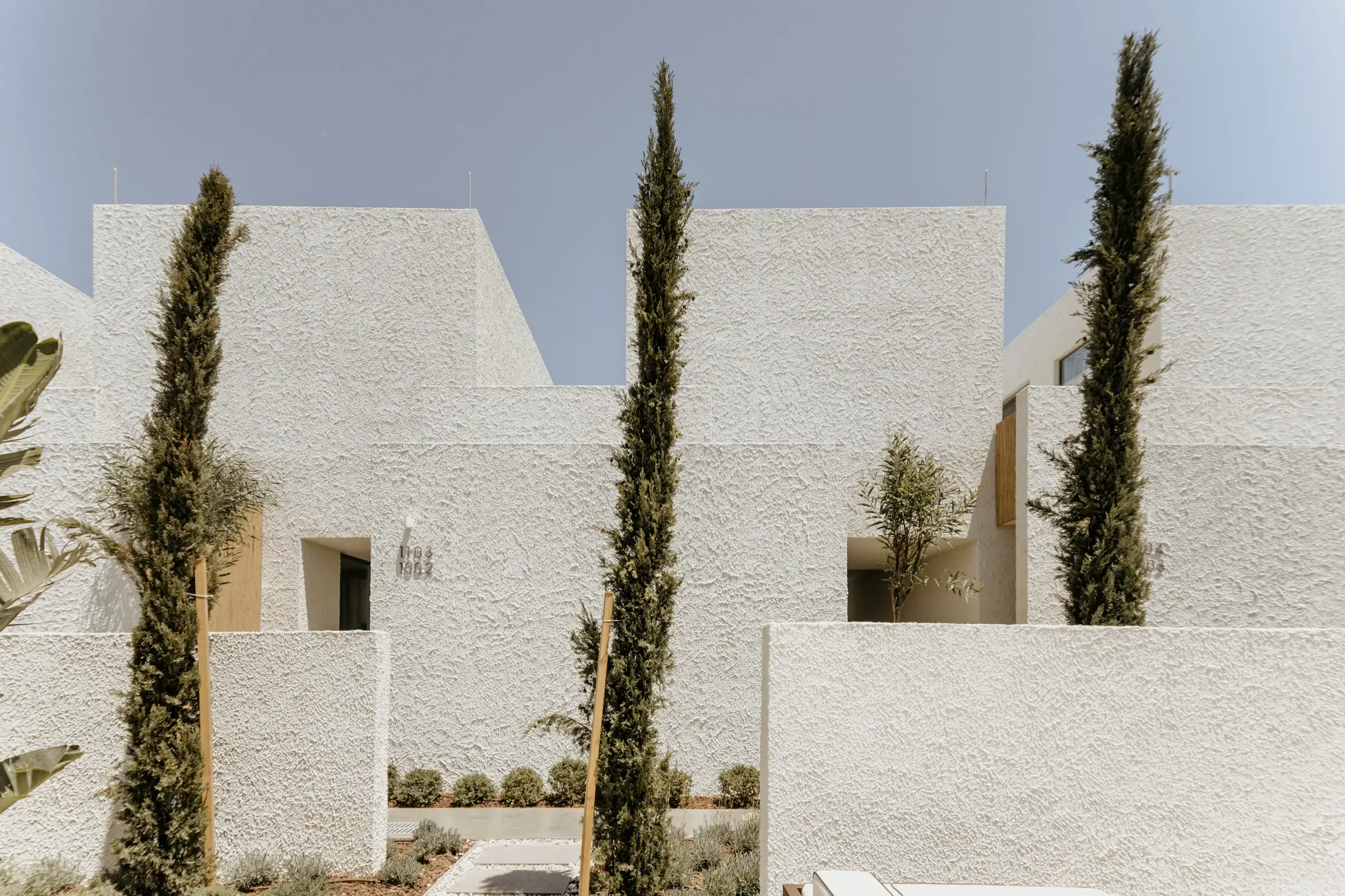 Three cypress trees in front of the white volumes