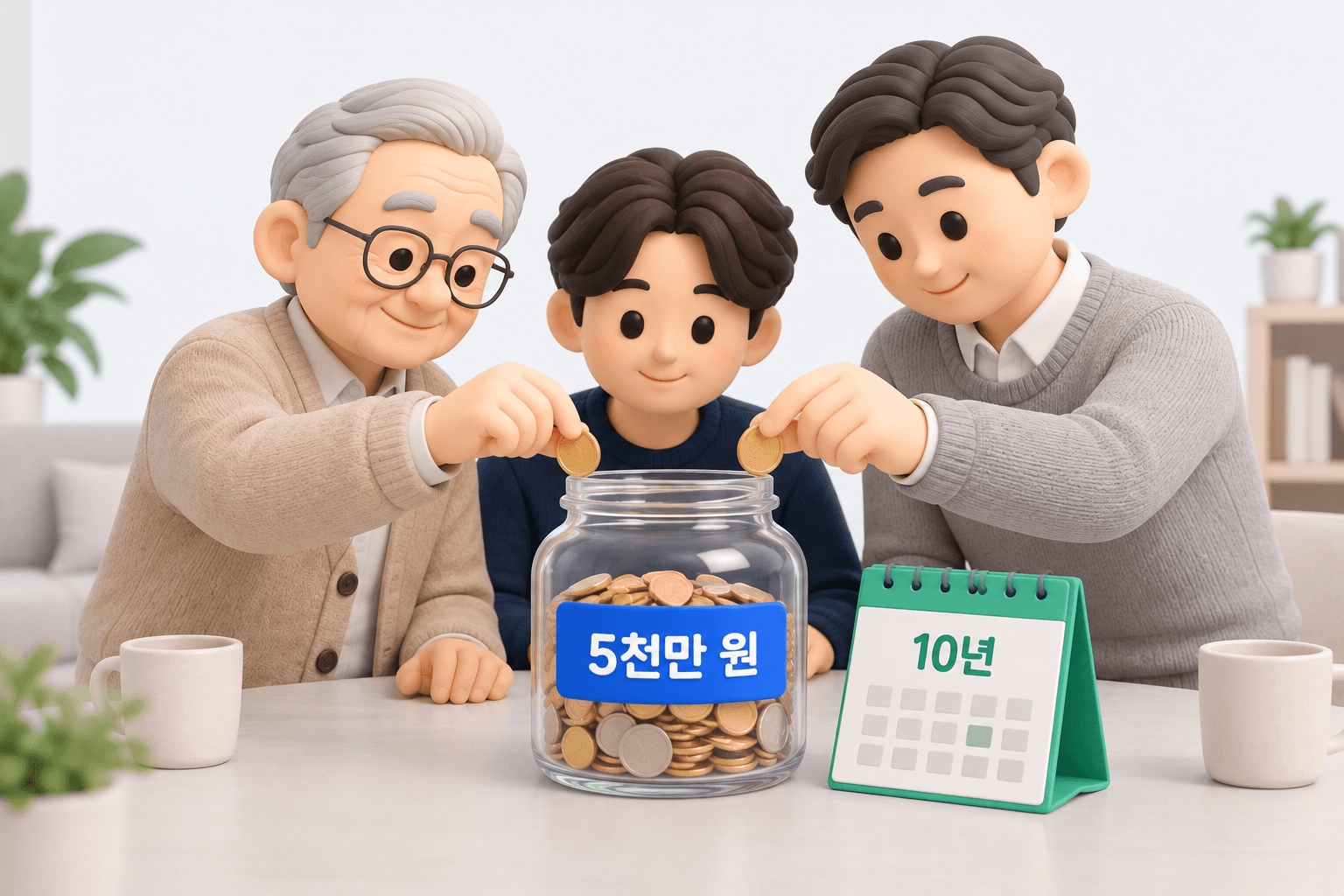 식탁에서 할아버지와 아버지가 유리병 하나에 동전을 넣고 젊은 남성이 지켜보는 장면