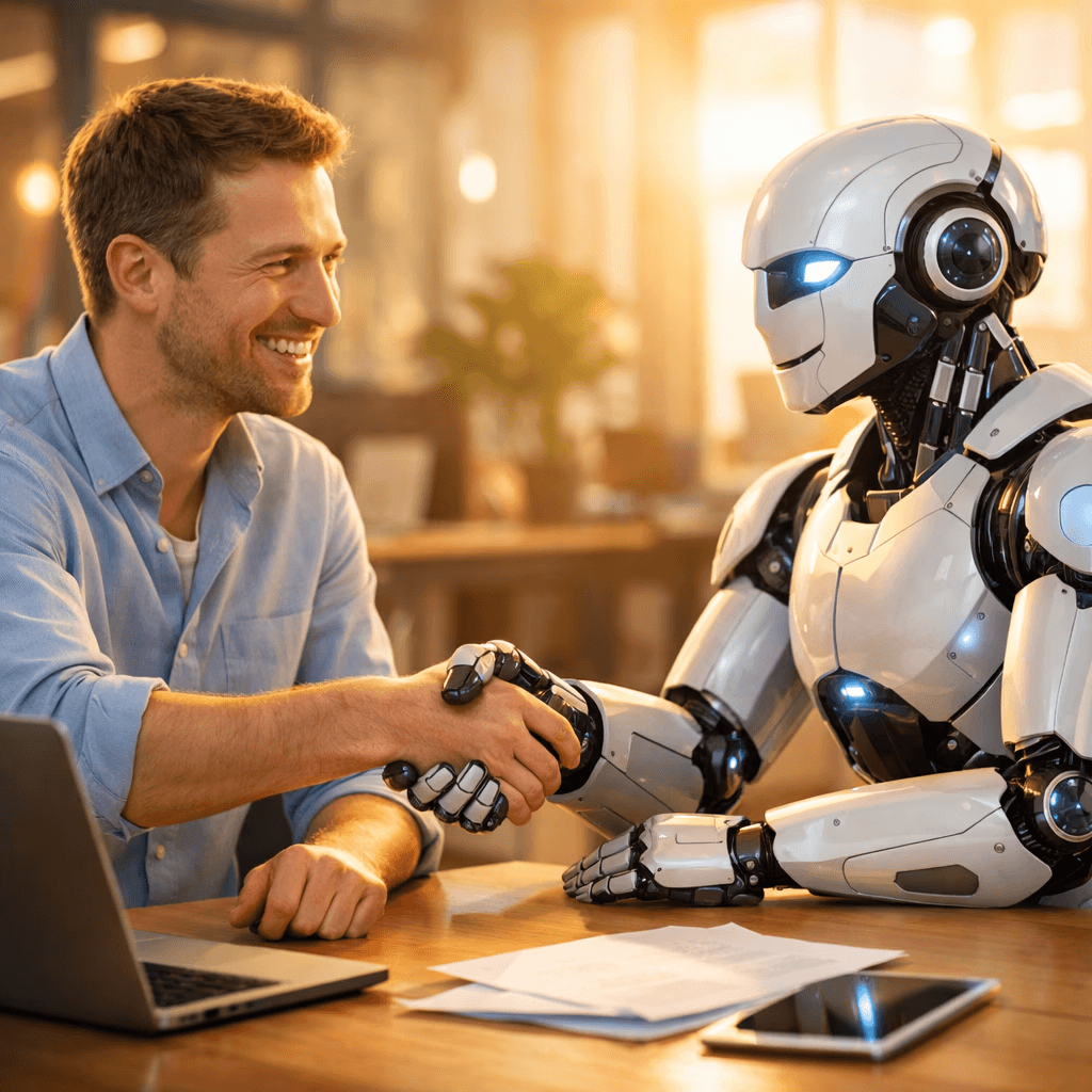 Mensch gibt Roboter die Hand. 