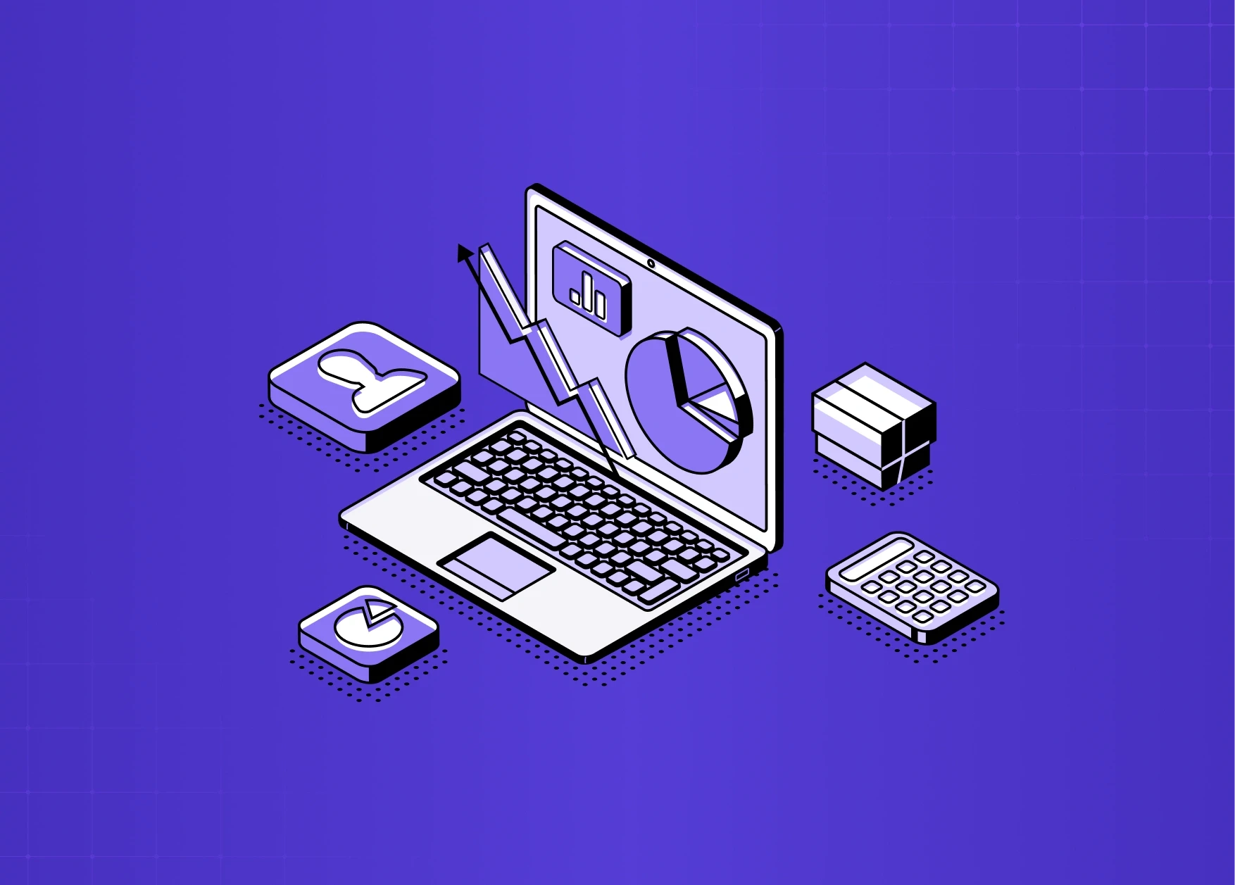 Illustration of a laptop displaying analytics charts and graphs, surrounded by icons like pie charts, user profile, calculator, and data blocks representing metrics and insights. 