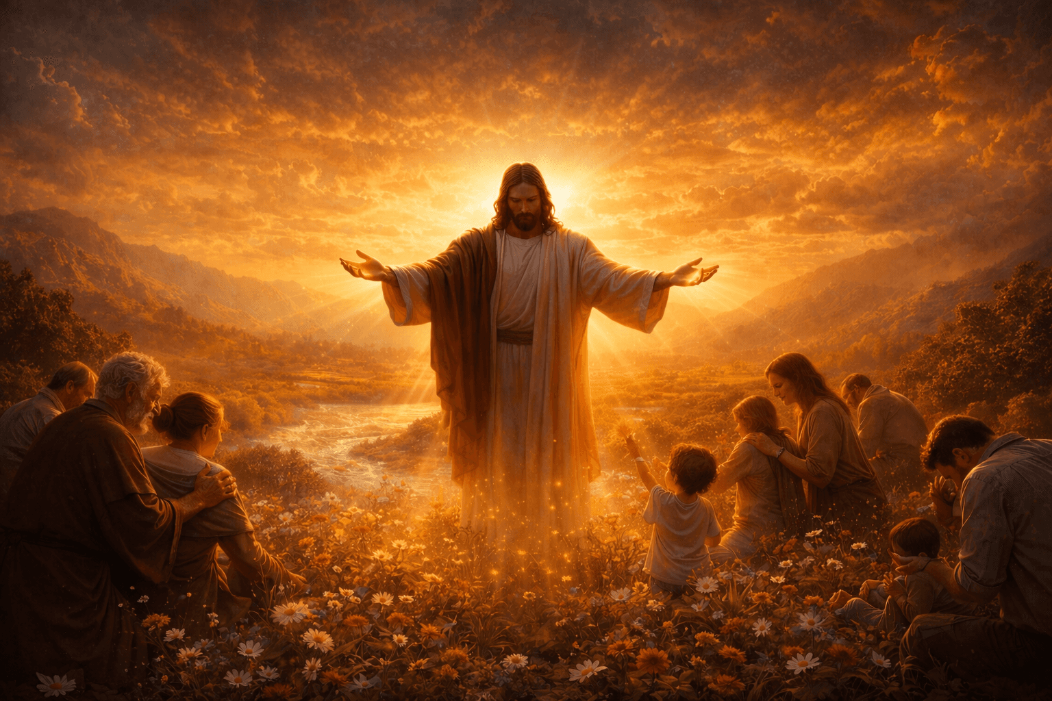 Jesus standing in a glowing golden landscape with people gathered in prayer, representing Jehovah Rapha, the Lord who heals
