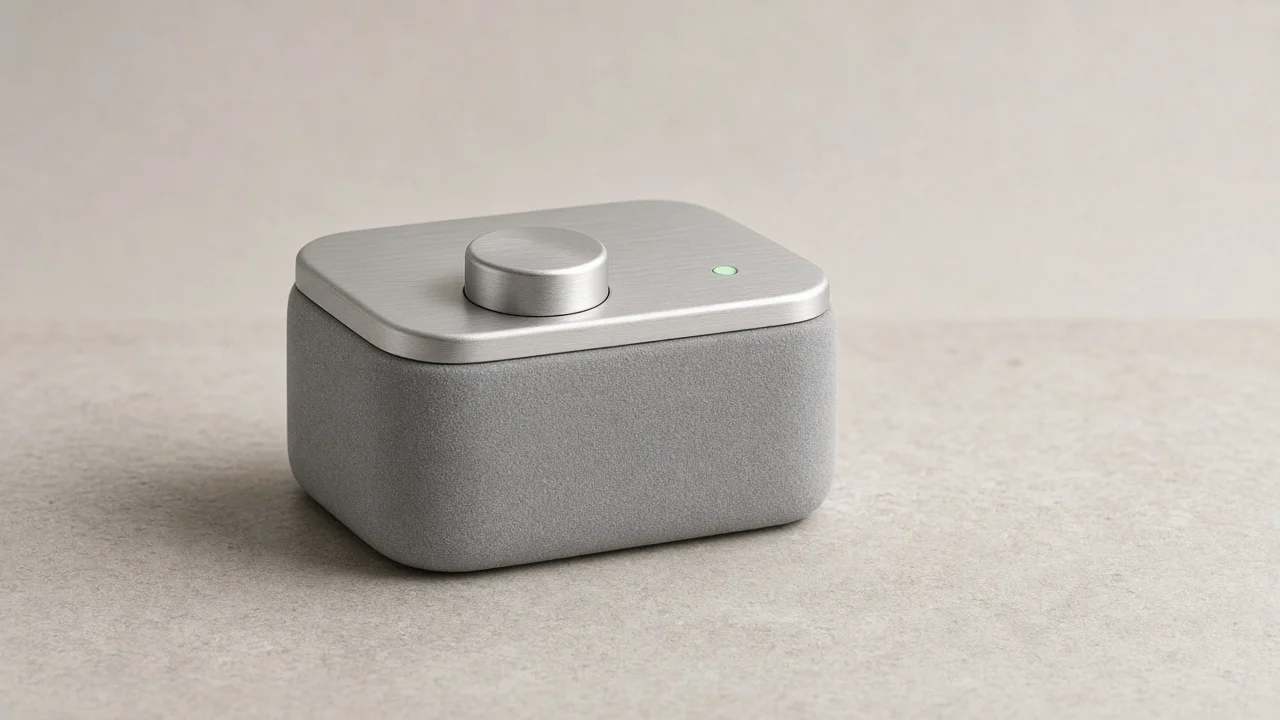 Compact grey device with a brushed aluminium dial and a small green status light.