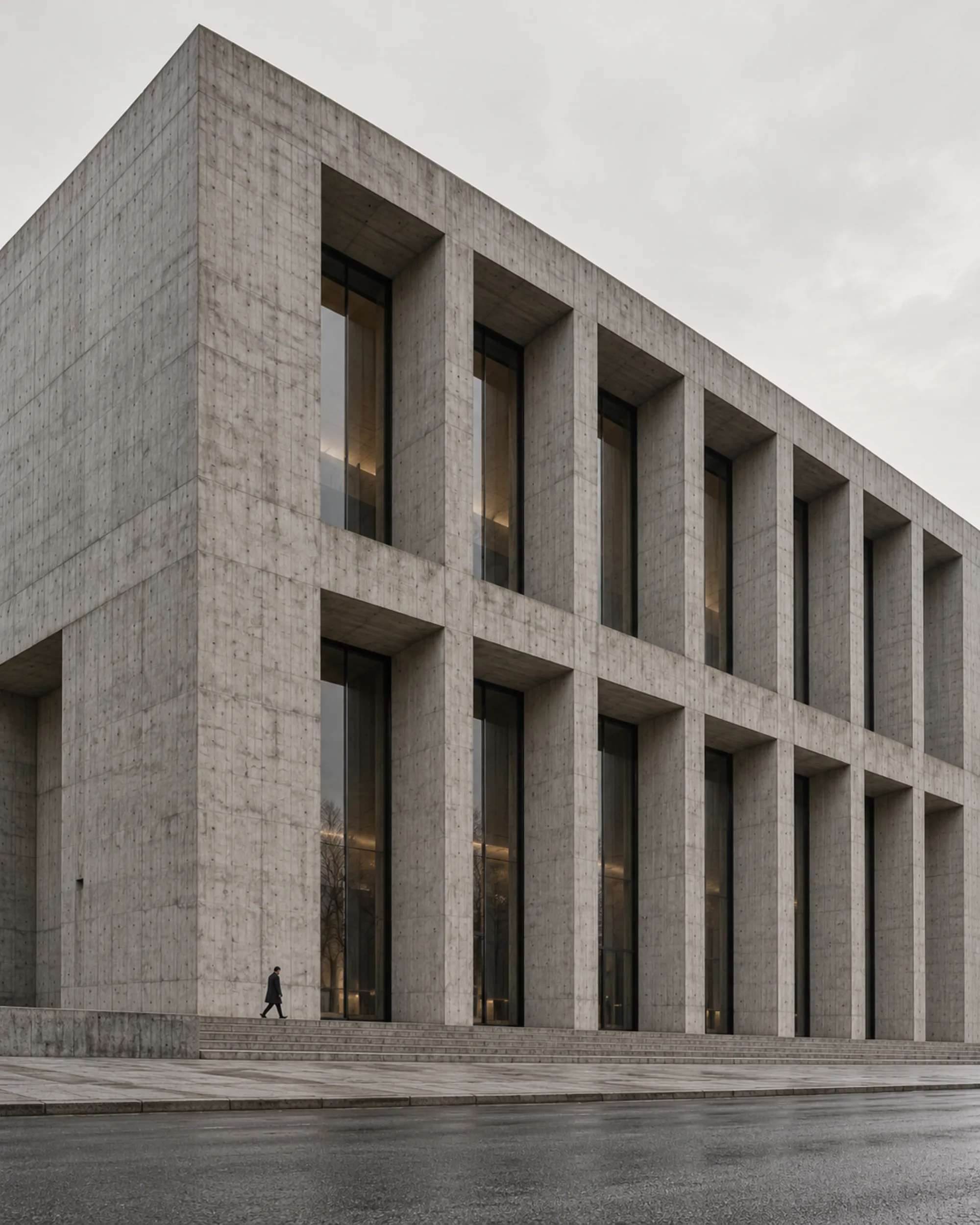 Board-marked concrete hall with deep window reveals