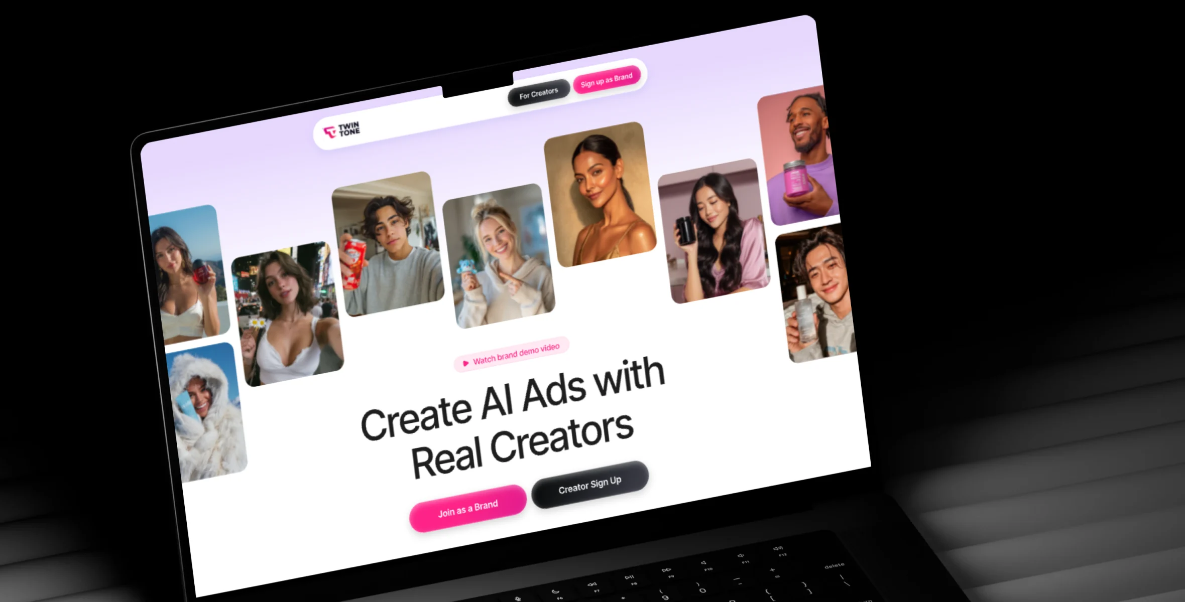 TwinTone landing page on a laptop, featuring AI ad creators and calls to join as a brand or creator.