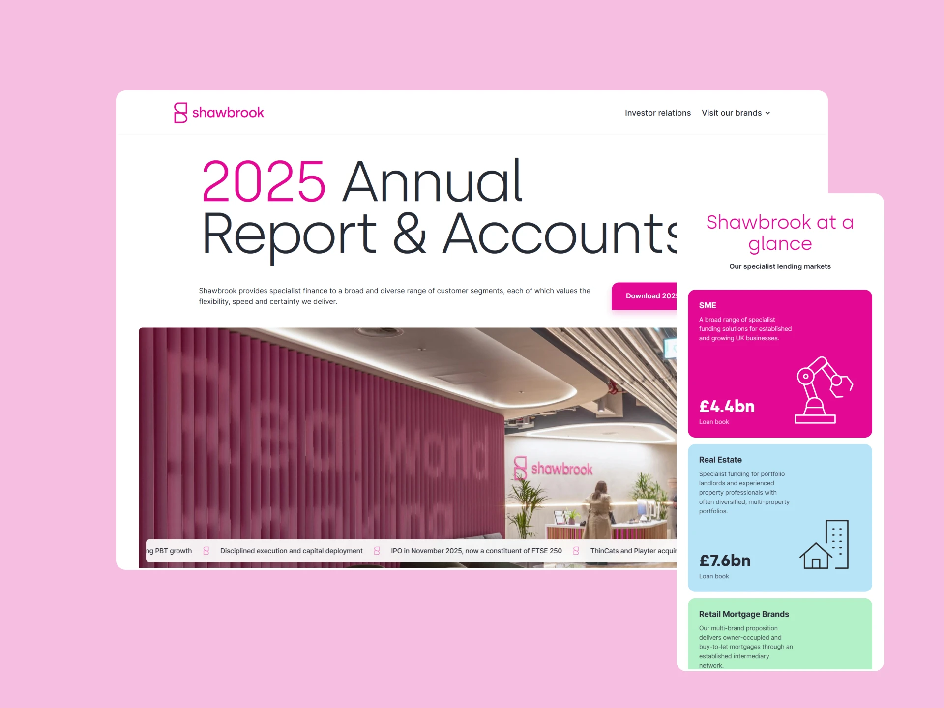 Shawbrook Bank website redesign by Cogworks - 2025 annual report page in desktop and mobile