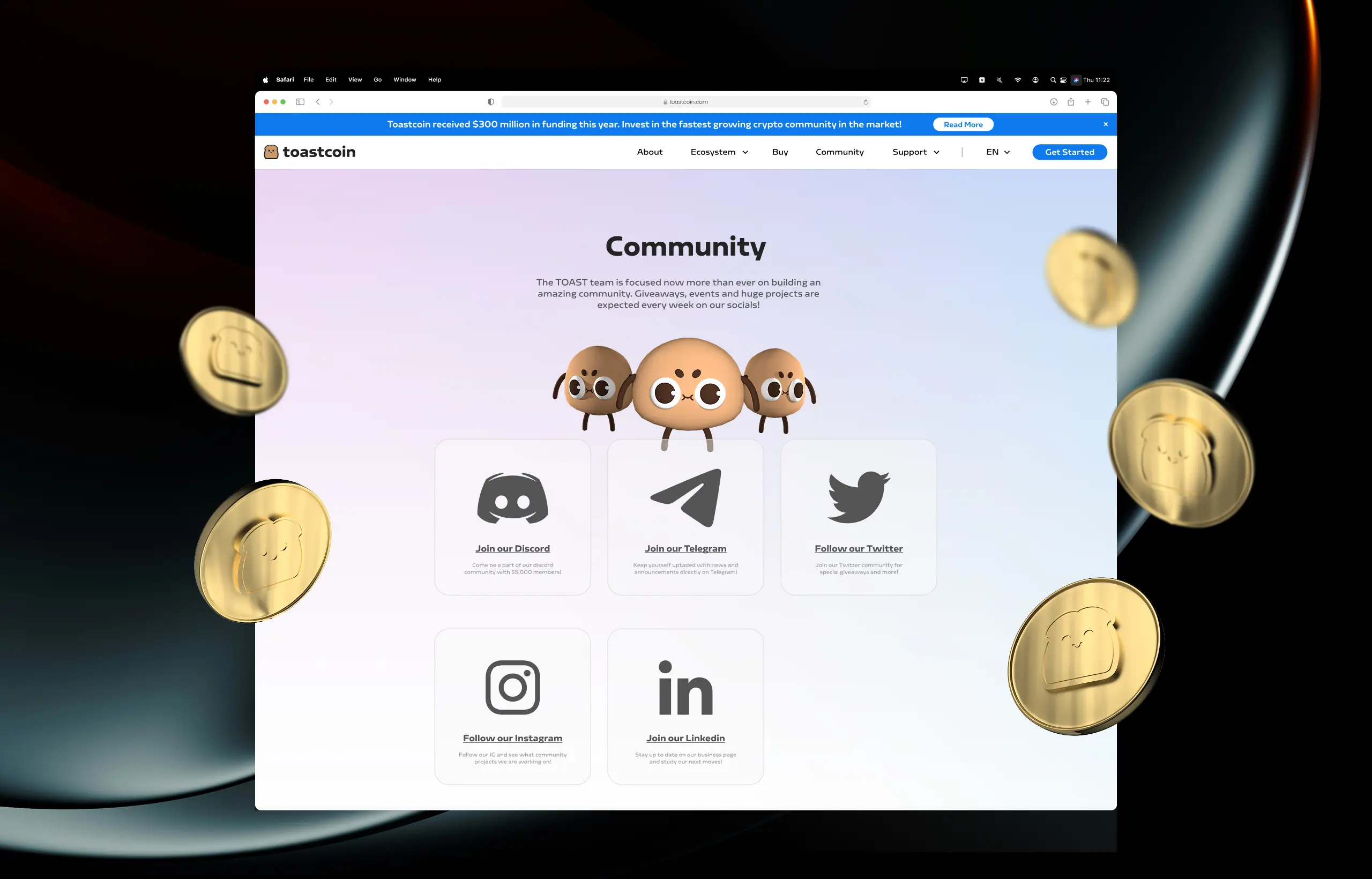 Community website page mockup showing Toastcoin social links and floating 3D coins.