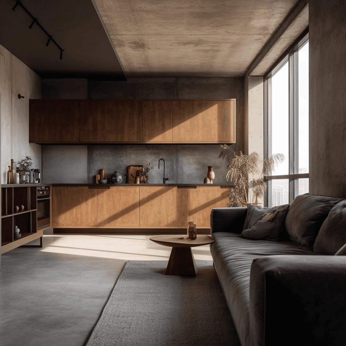 modern kitchen with living room area