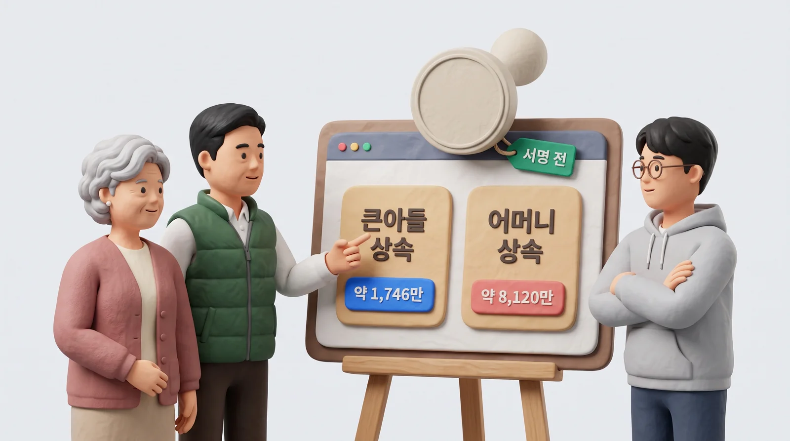 분할협의서 서명 전 아파트를 큰아들이 받으면 약 1,746만 원, 어머니가 받으면 약 8,120만 원인 상속세 비교