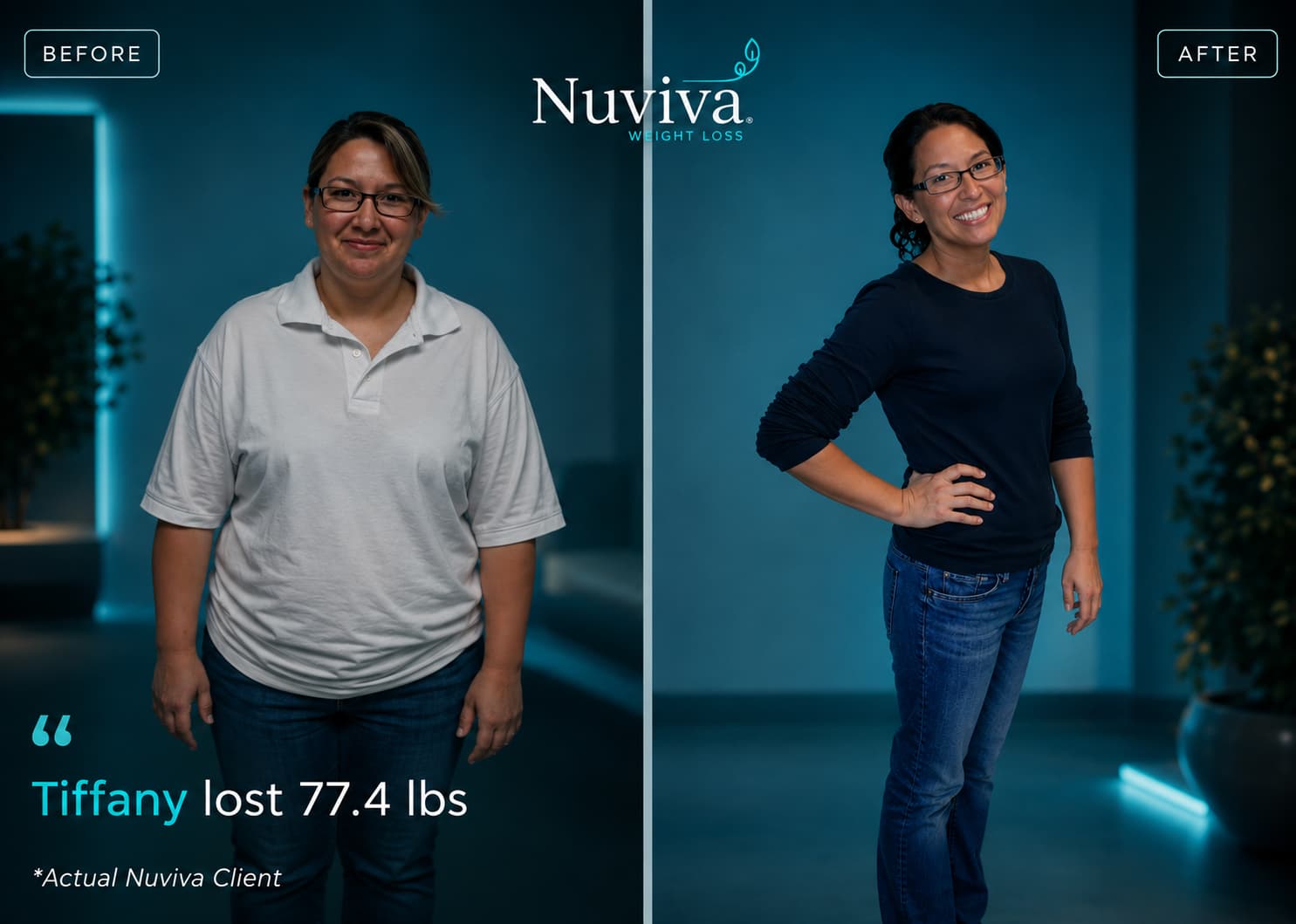 Before and after photos of Nuviva client Tiffany, who lost 77.4 lbs. Actual Nuviva client.