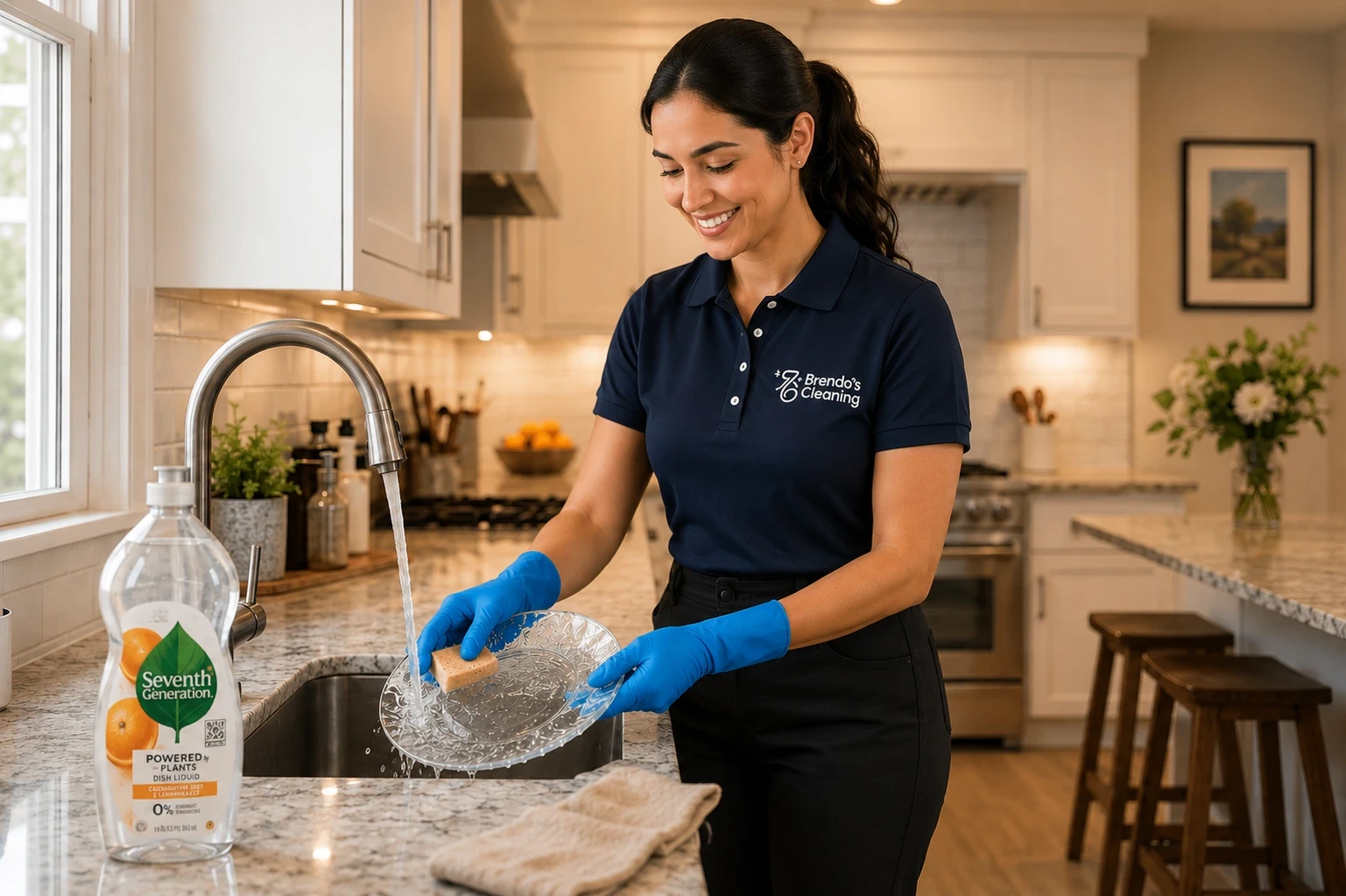 A smiling residential housekeeper with Brenda's Cleaning service washing a clear glass plate by hand with a sponge under running tap water. On the granite countertop sits a bottle of Seventh Generation plant-powered dish liquid. Wearing a branded navy blue uniform polo shirt, black trousers, and blue protective dishwashing gloves, she demonstrates eco-friendly kitchen cleaning, detailed dishwashing, and premium maid services inside a bright, modern kitchen featuring white cabinets and a stainless steel oven.