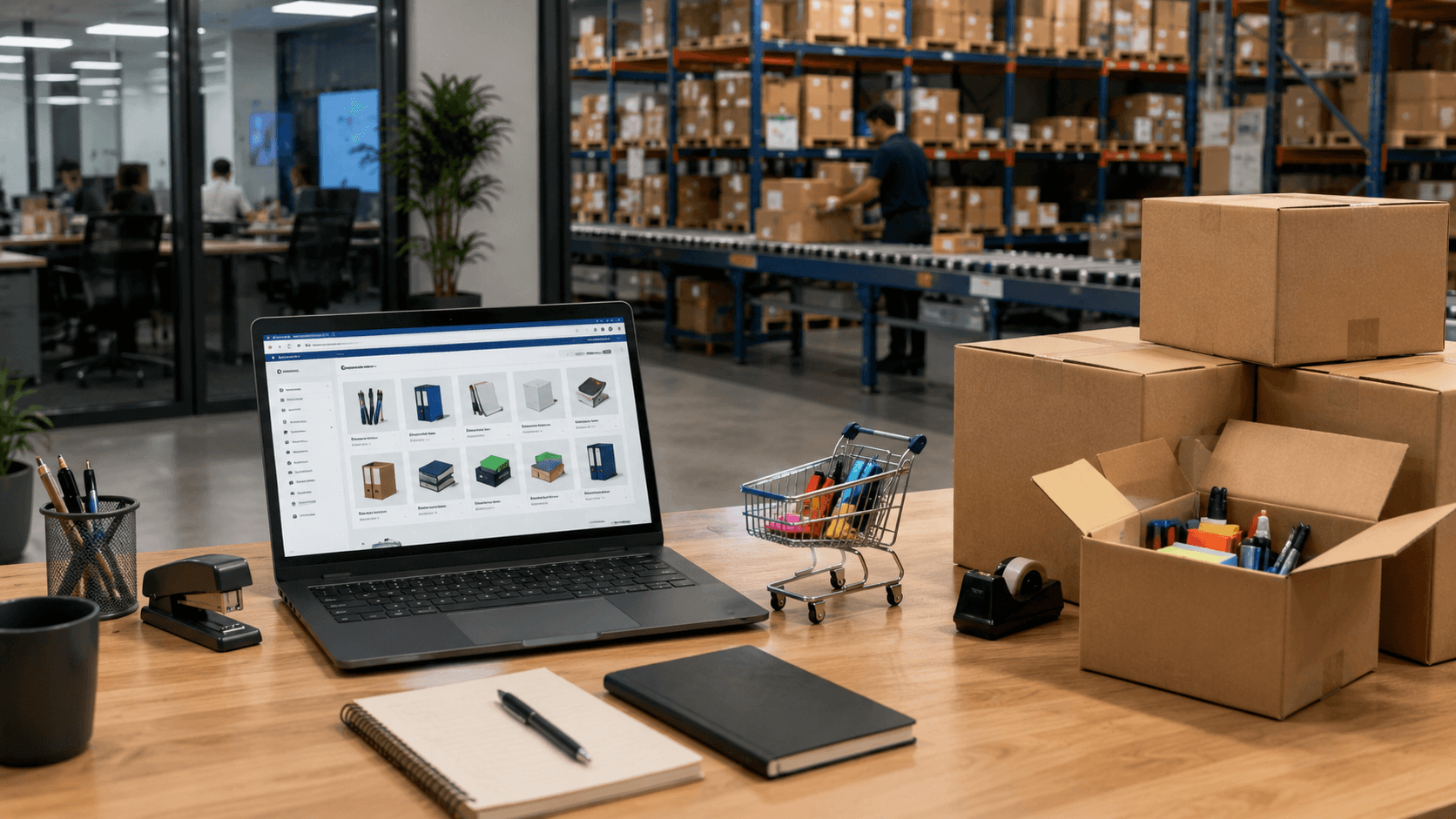 Ilustração realista em 3D de um ambiente corporativo integrado a um centro de distribuição. Em primeiro plano, uma mesa de escritório com notebook exibindo uma plataforma de compras online, bloco de anotações e itens de papelaria. Ao lado, caixas abertas contendo materiais de escritório, como canetas, marcadores e blocos adesivos. Ao fundo, estantes de estoque organizadas com diversas caixas e um colaborador realizando separação de pedidos. A cena transmite reposição recorrente de suprimentos corporativos por meio de um e-commerce B2B, com ambiente moderno, organizado e profissional.