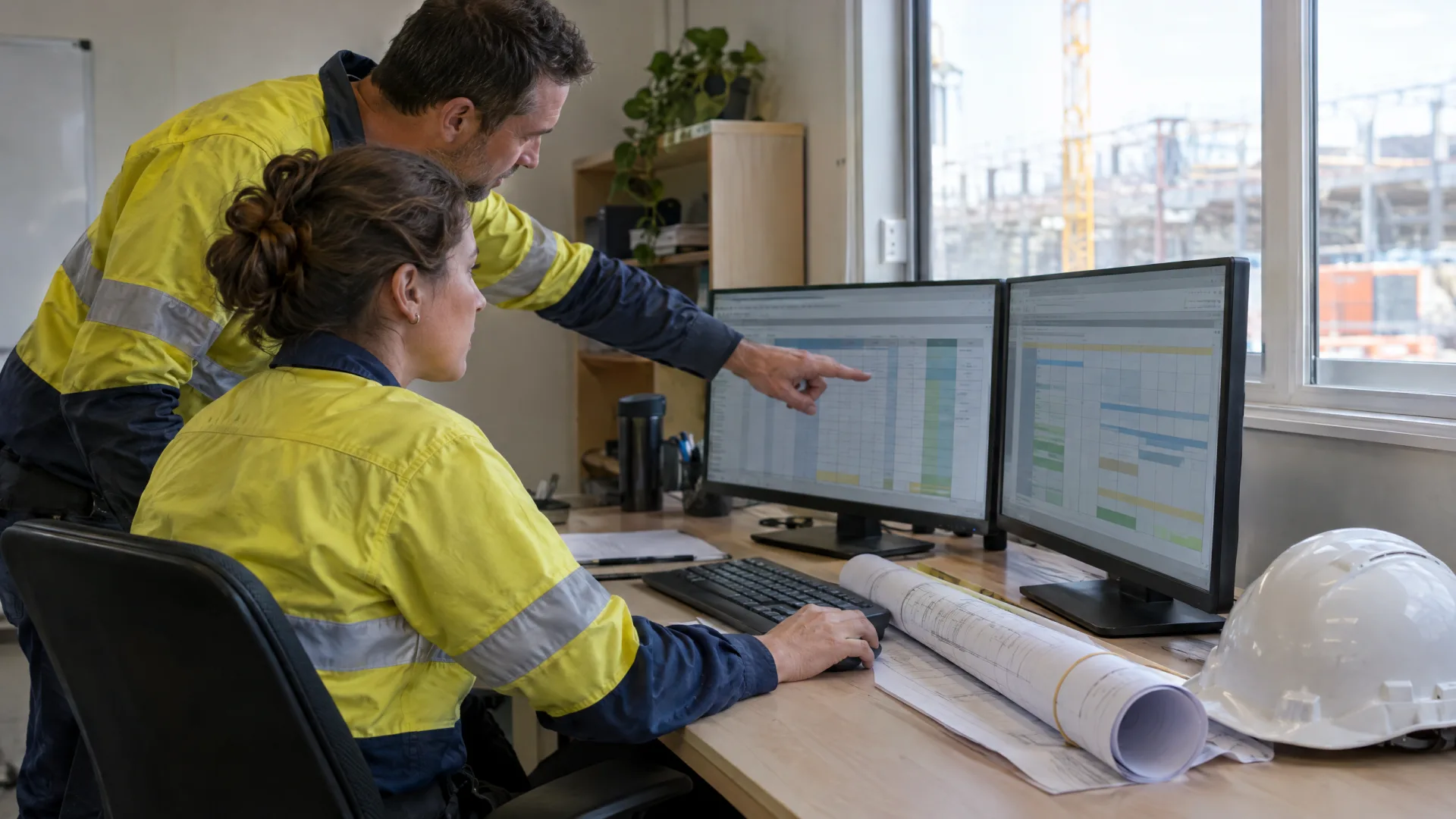 Contract administrator reviewing project costs on screen with a colleague, rolled structural drawings on the desk