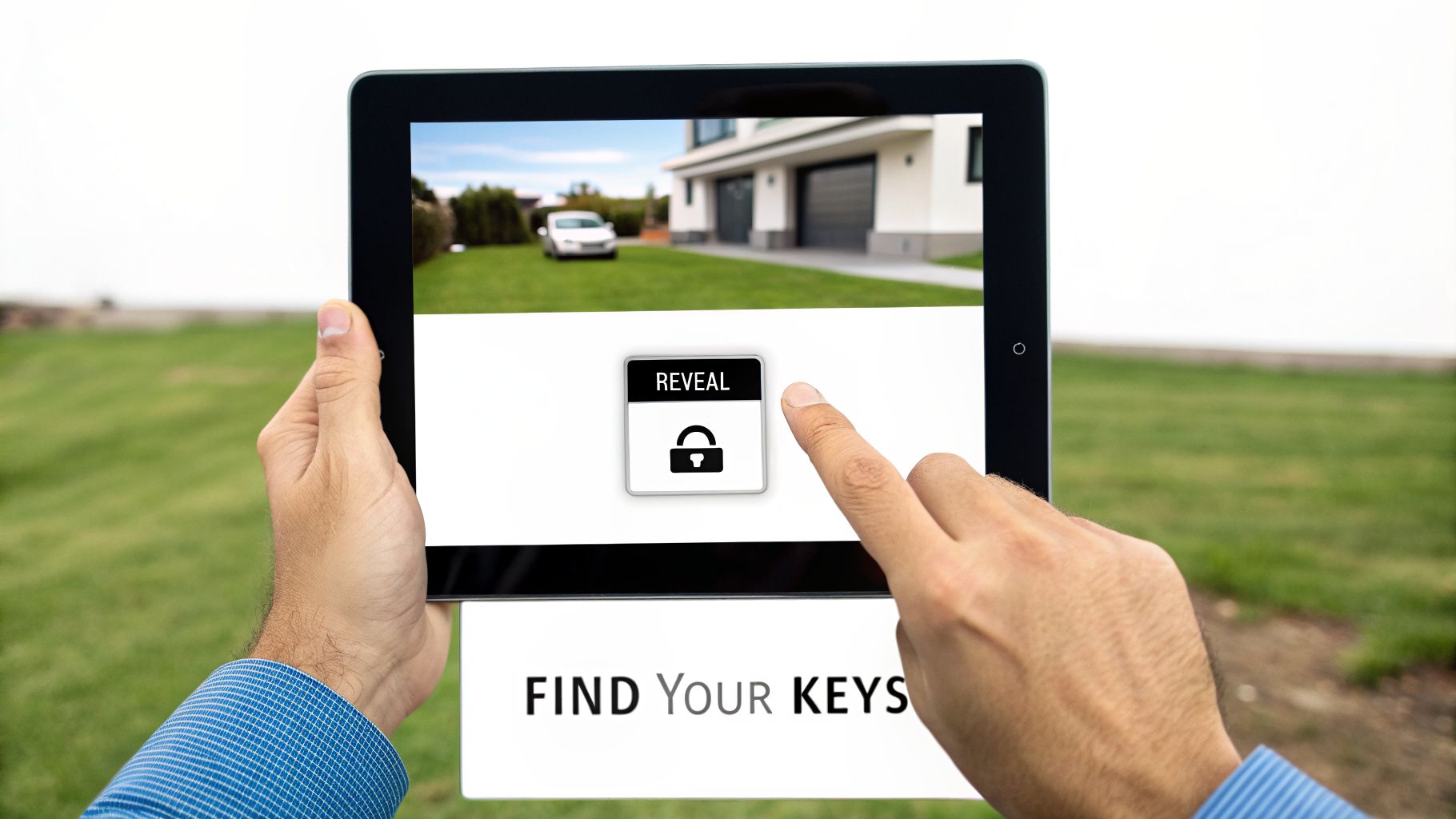 Person's hands holding a tablet displaying a house and a 'REVEAL' button for finding keys.