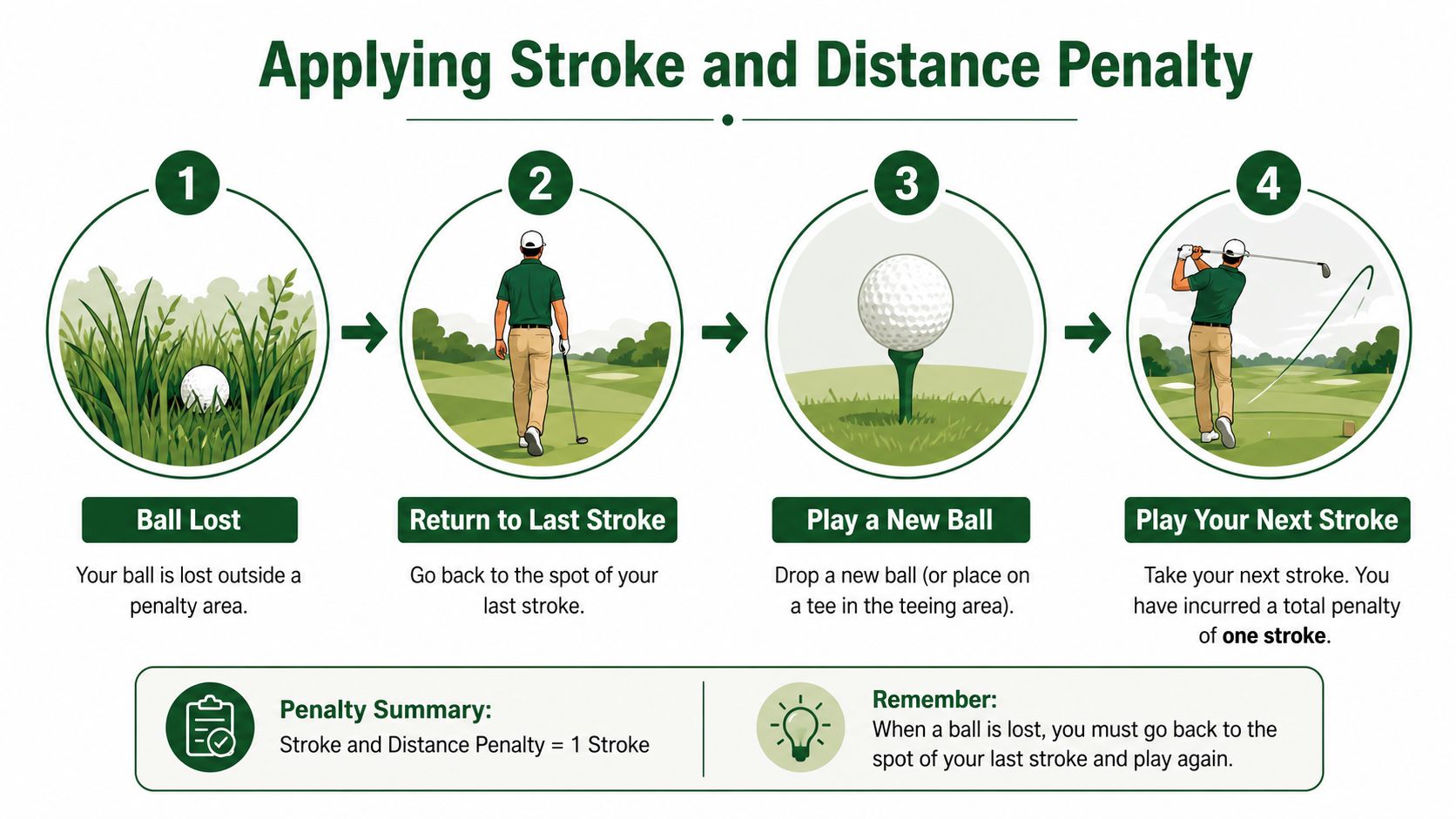 An infographic illustrating the four steps of applying a stroke and distance penalty in the game of golf.