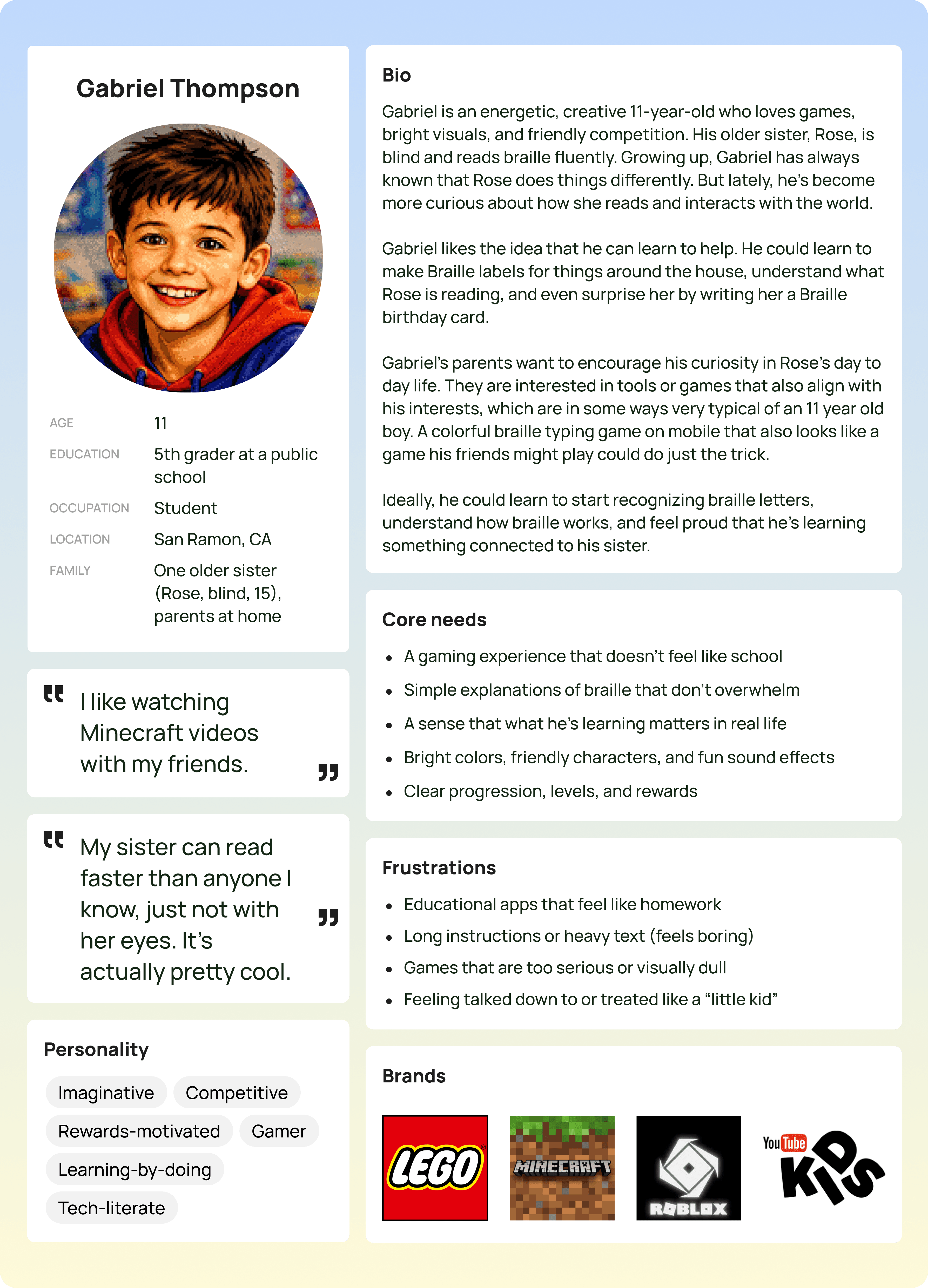 Gabriel Thompson, 11 year old boy persona