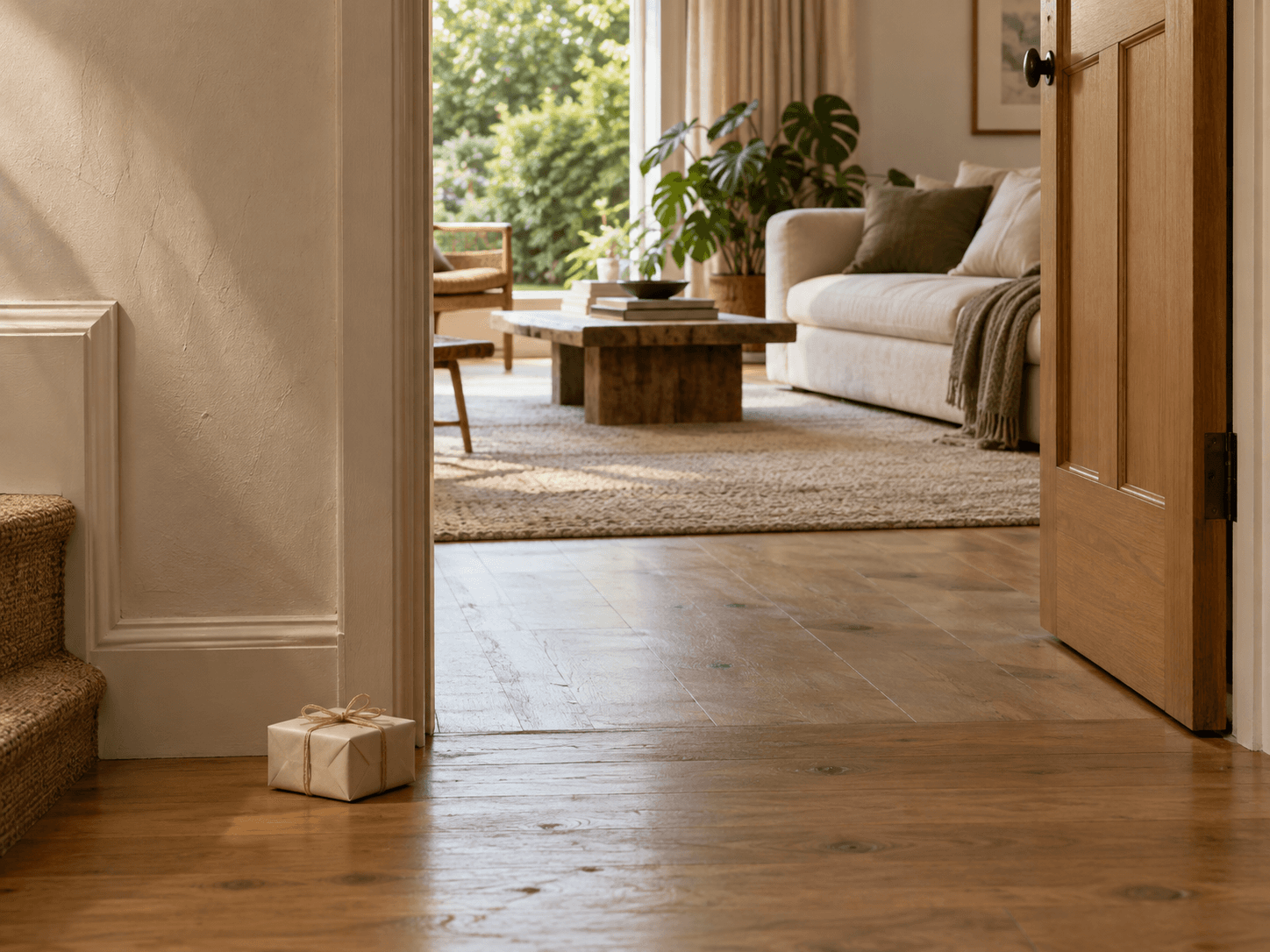 Small wrapped gift beside an open doorway into a living room.