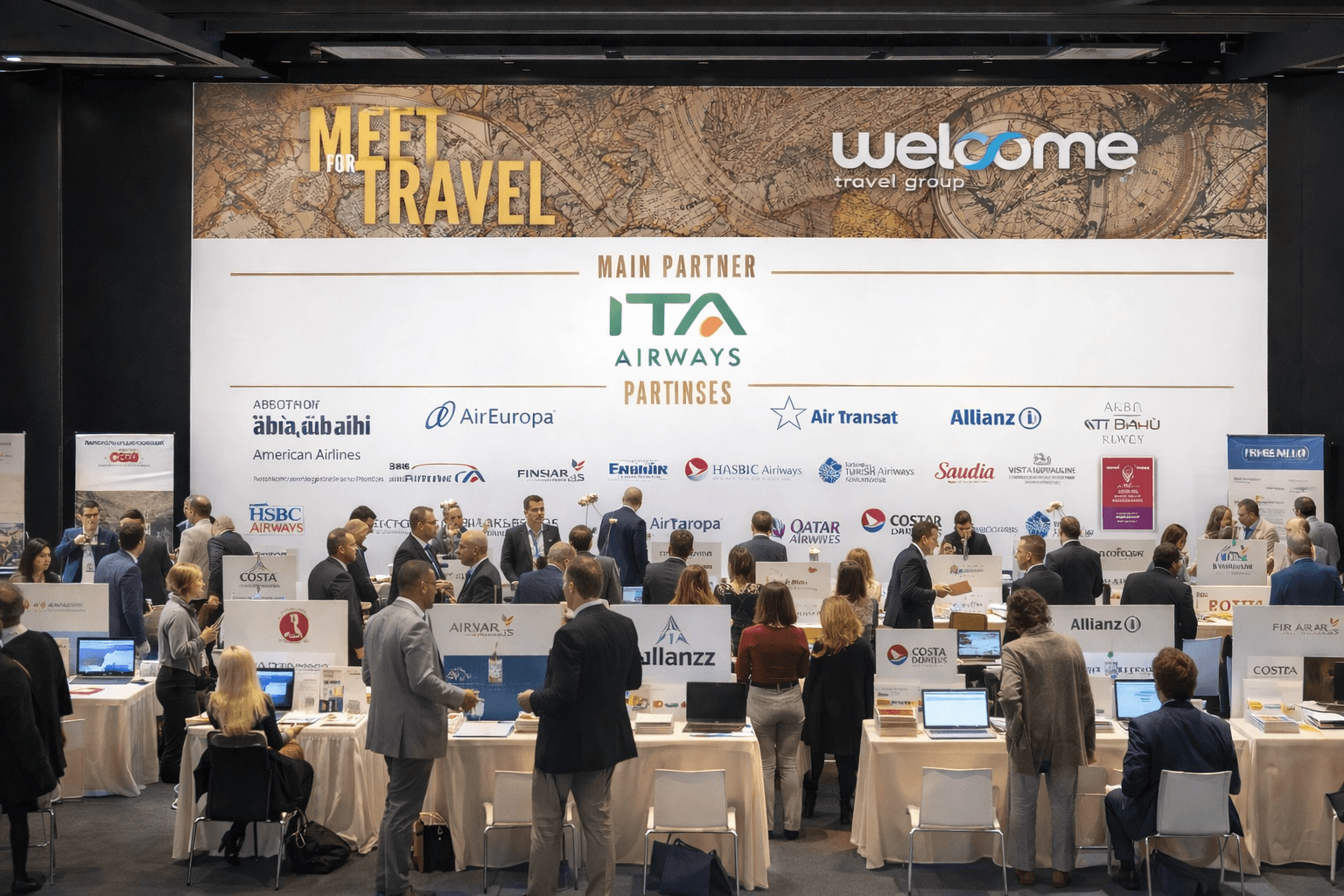 Mini fiera B2B a Milano con desk espositivi, meeting a platea e catering