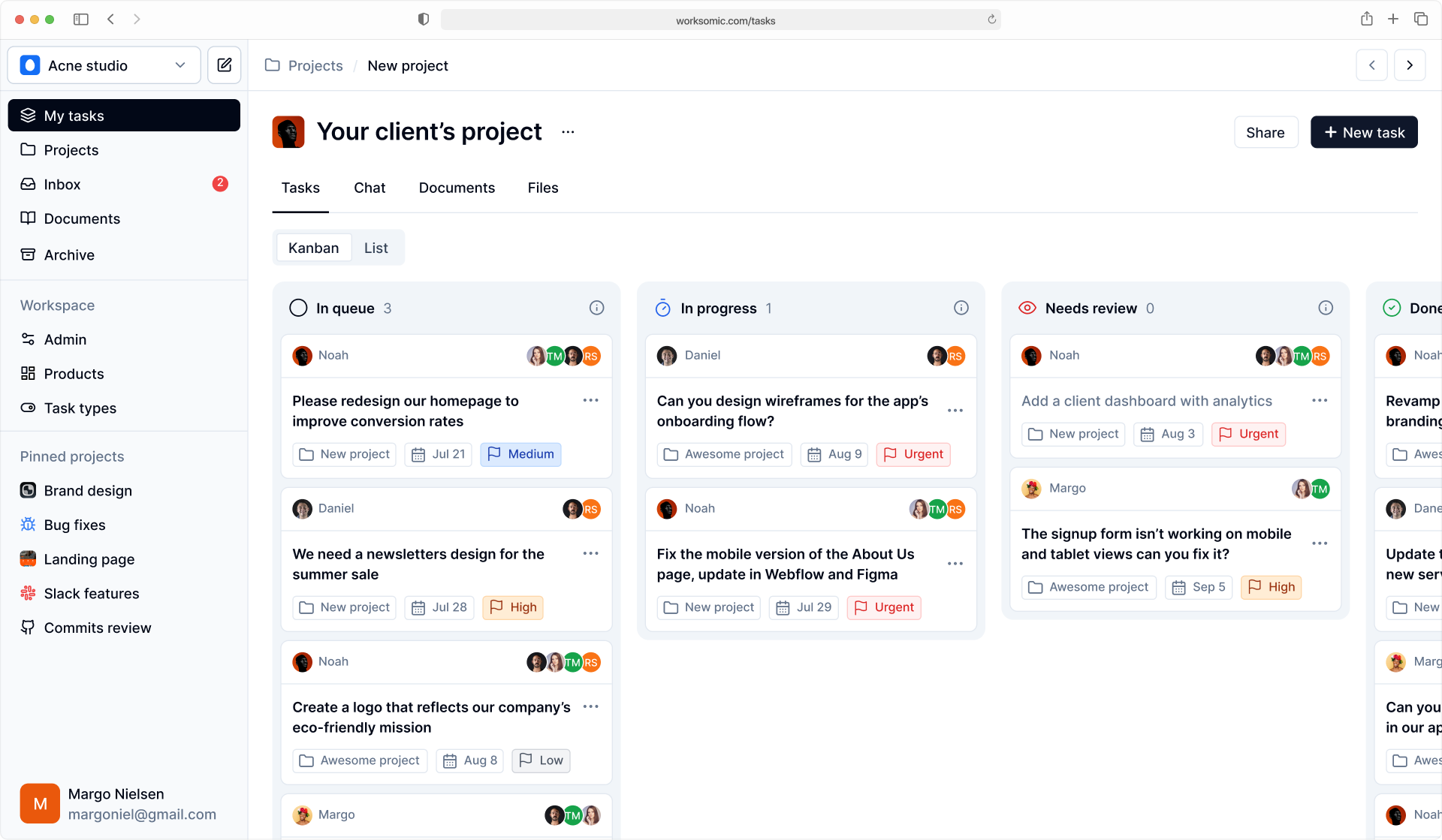 Worksomic Kanban tasks UI screen