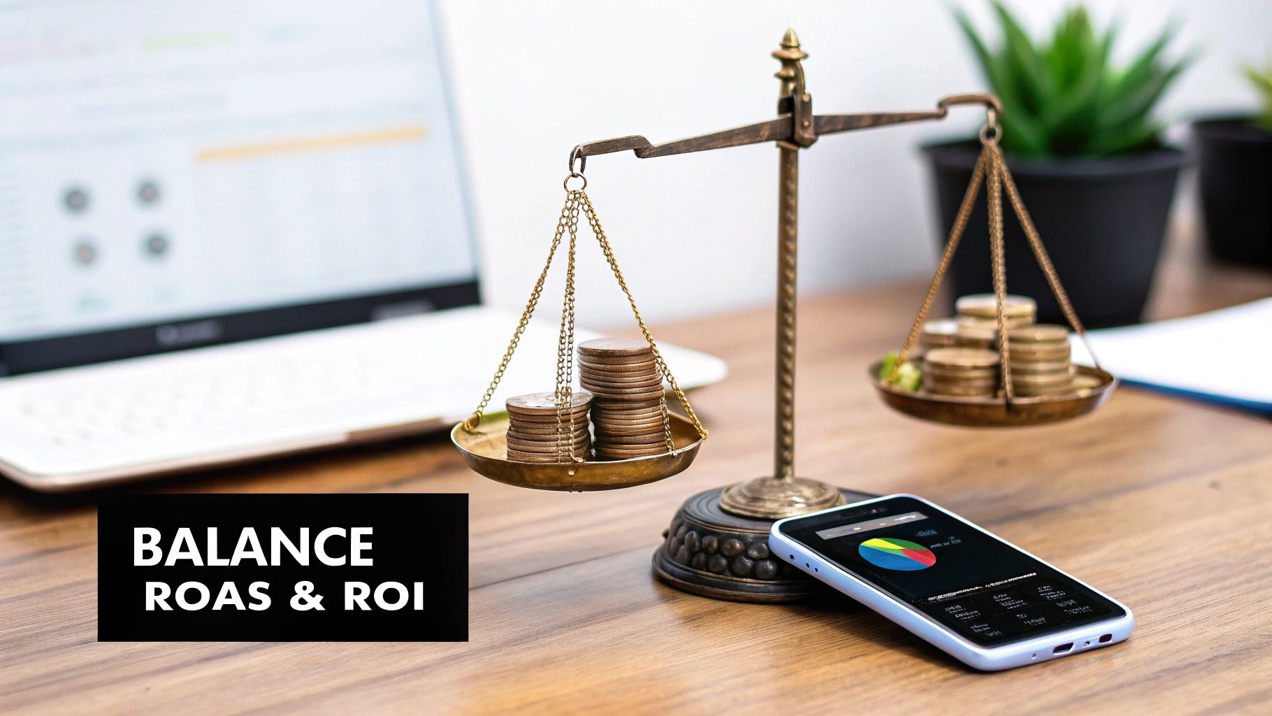 A balance scale with stacks of coins on both sides, symbolizing the balance of ROAS and ROI.