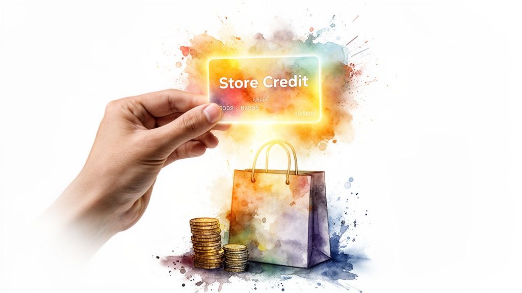 A hand holds a glowing 'Store Credit' card above a watercolor shopping bag and stacked coins.