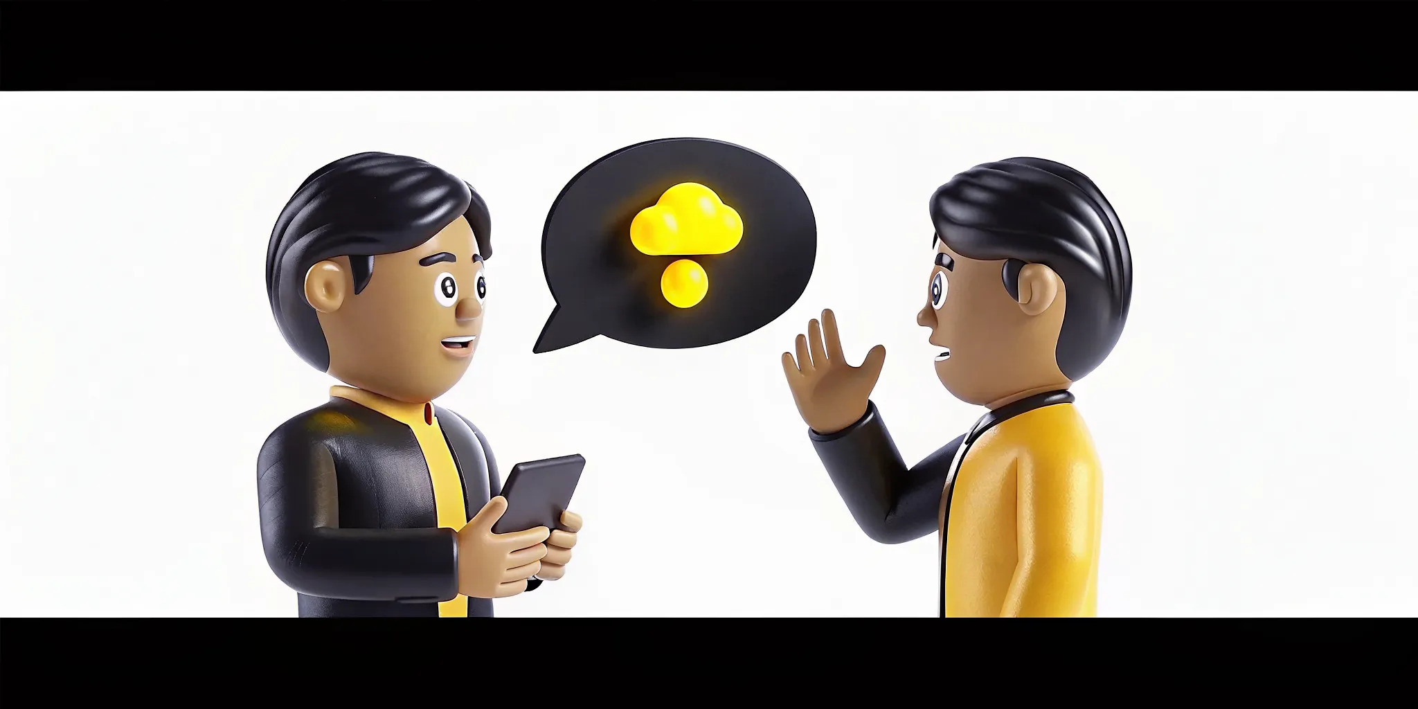 Two stylized AI game characters conversing with expressive faces and gestures