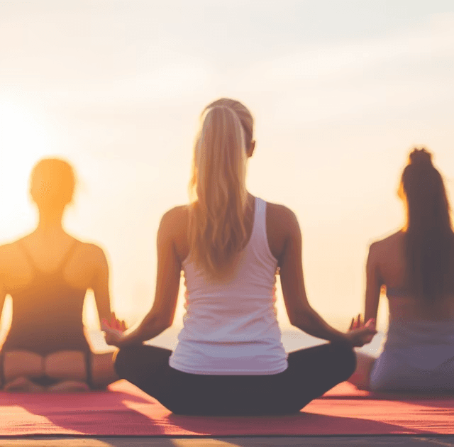 Rear view of three women practicing yoga together against a bright, sunlit horizon.