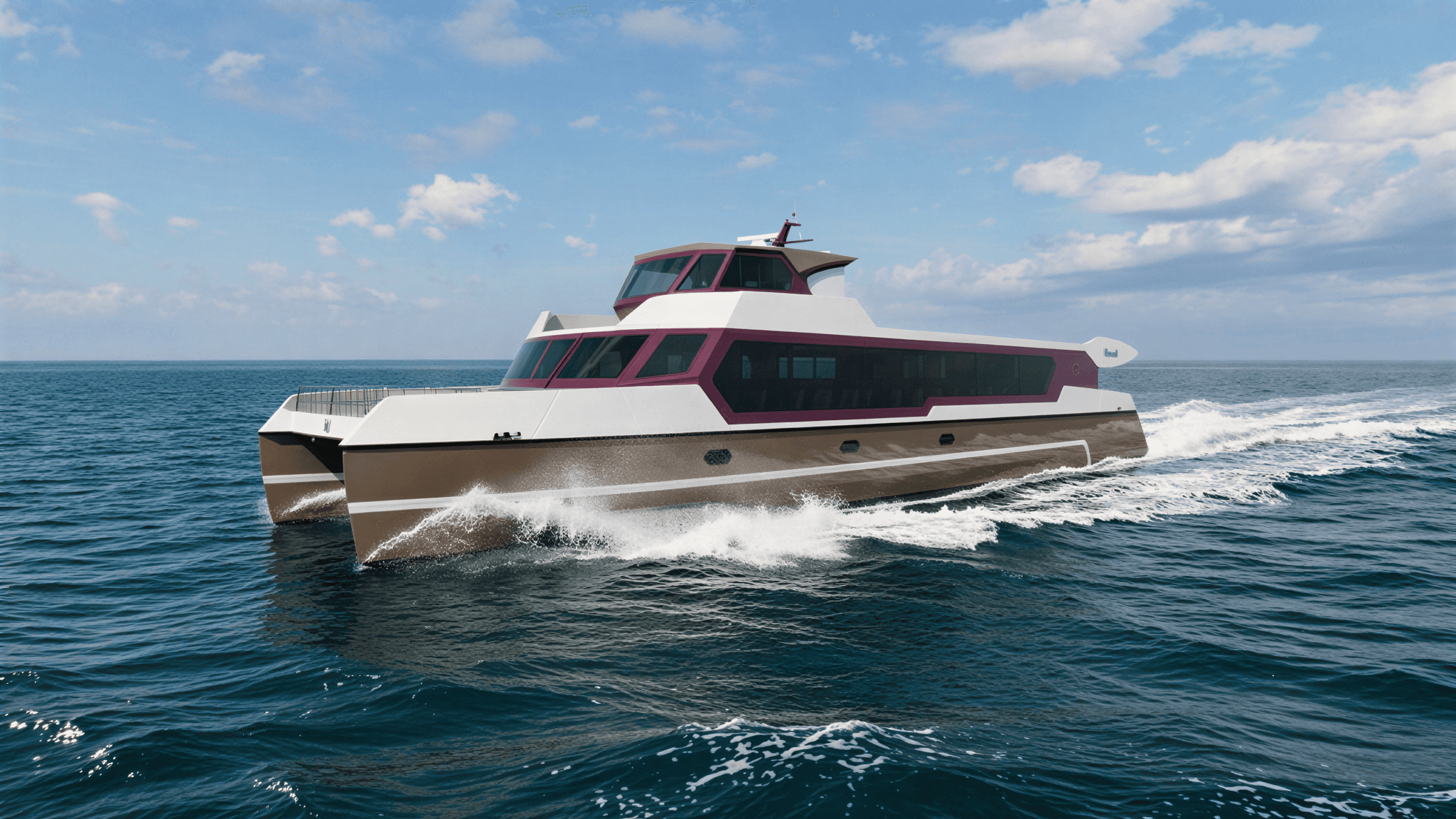 White passenger boat moving across bright blue water