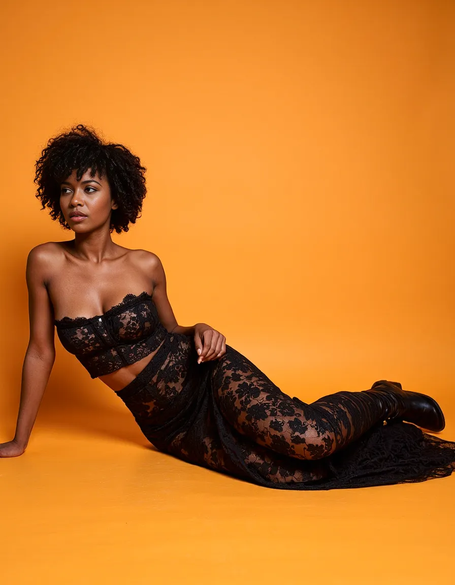 Fashion photograph featuring black lace outfit against vibrant orange backdrop, showcasing dramatic color contrast for editorial styling