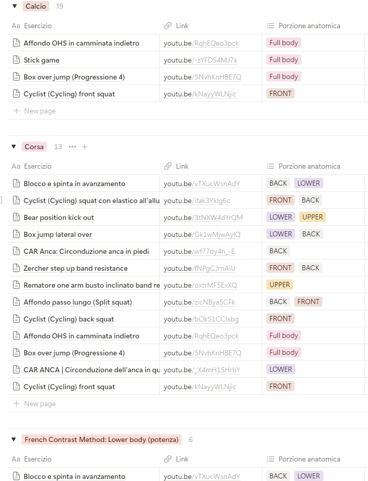 Vista del database preparazione atletica