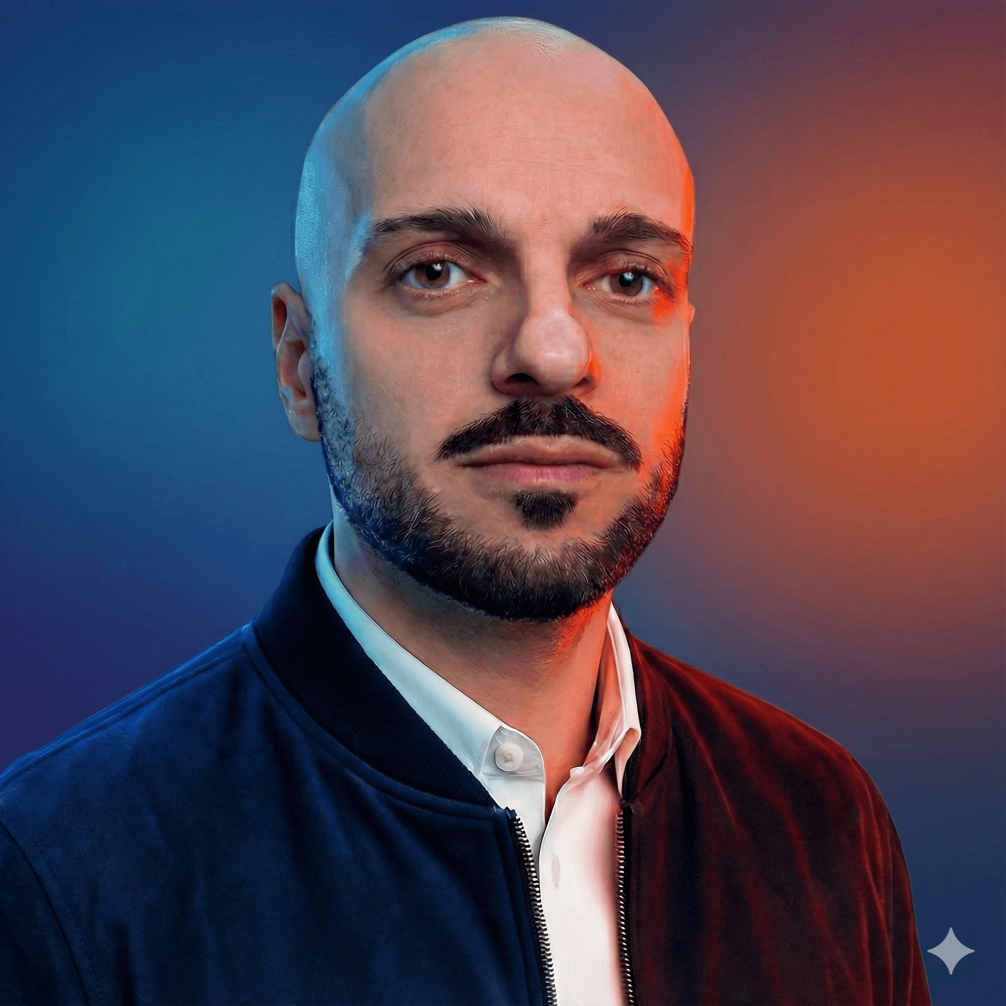 Mathias SITBON--DEVE portrait. Crâne rasé habillé d'une chemise blanche et d'un blazer noir en velour doux.