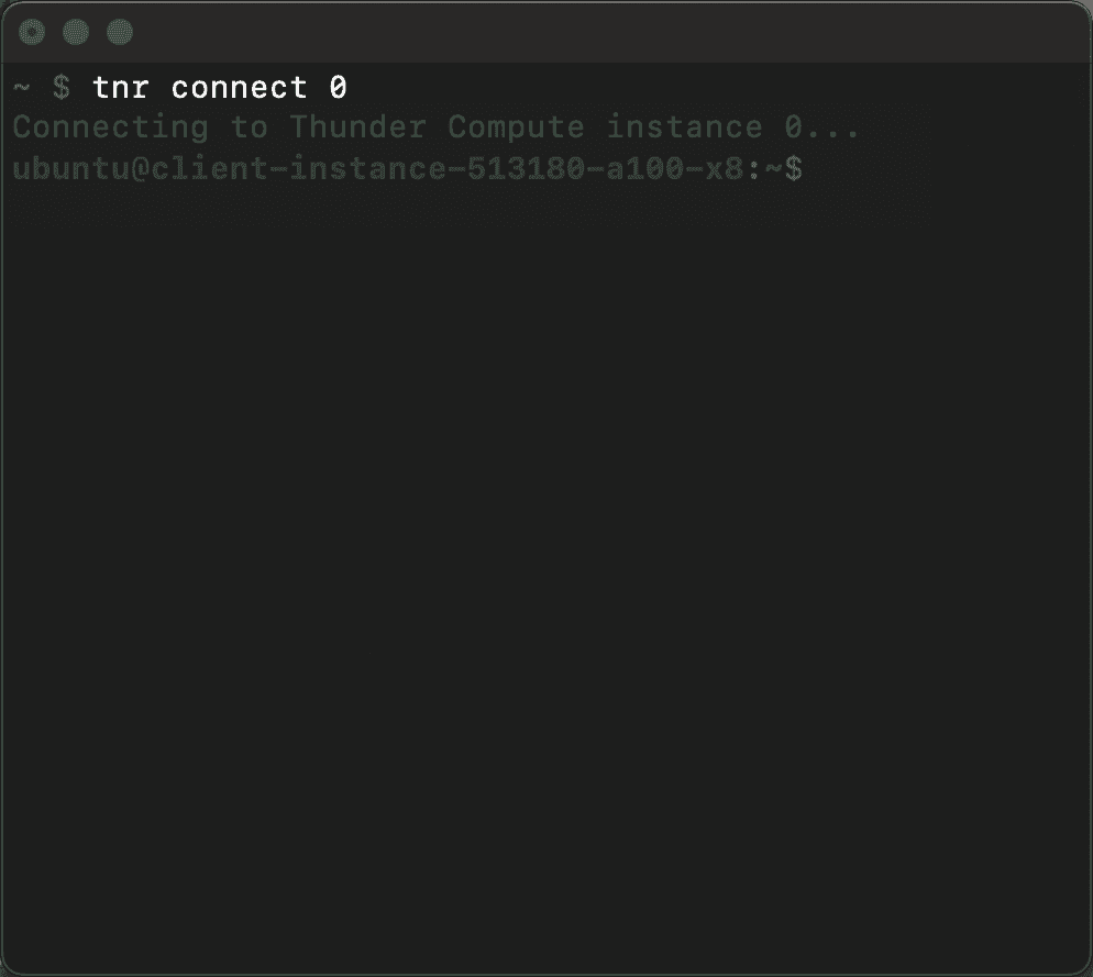 Screenshot of Thunder Compute CLI connecting to A100 cloud GPU instance