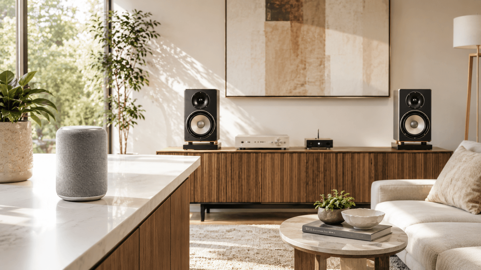Bright room, with smart speaker and bookshelf speakers