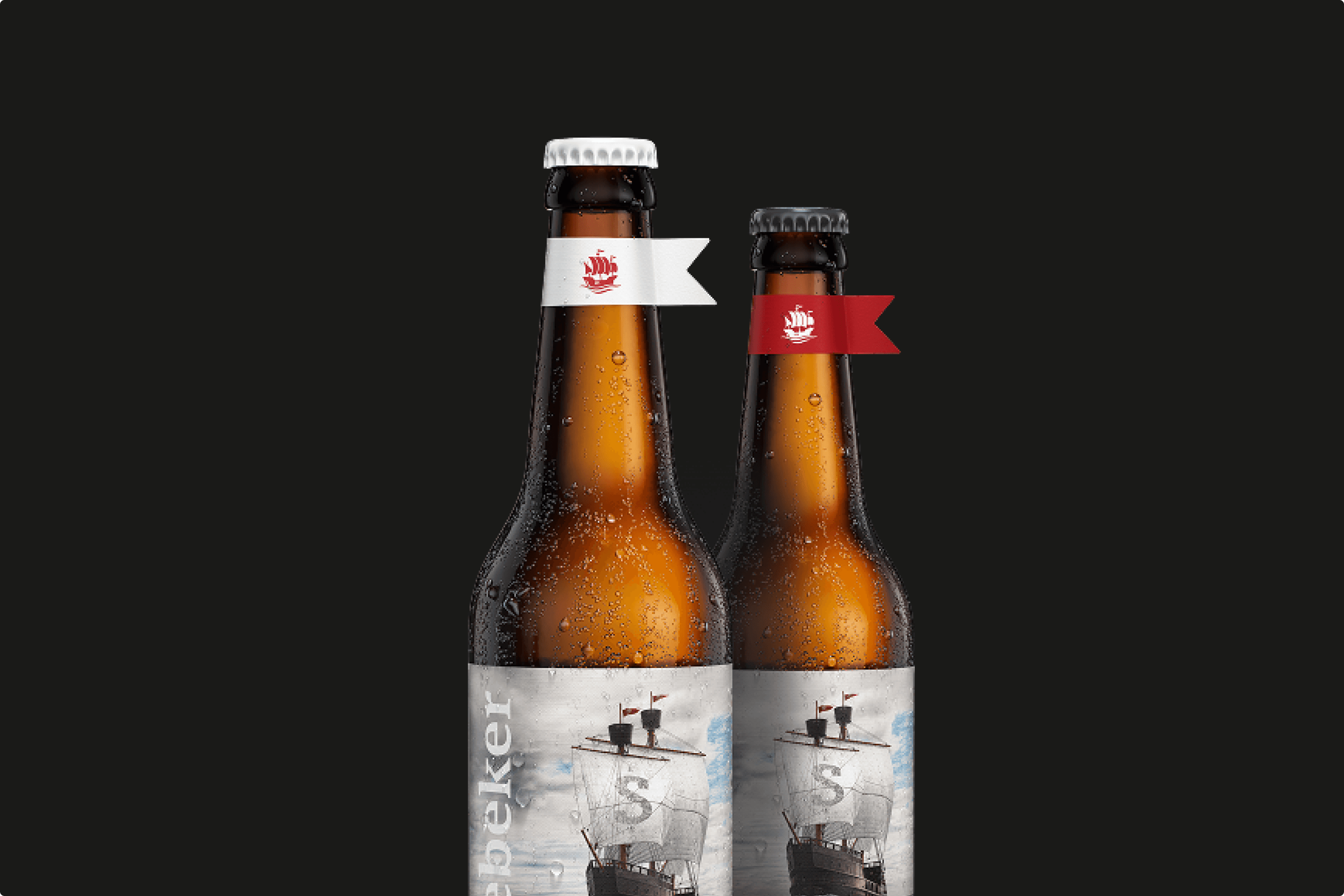 Two water-beaded beer bottles with ship emblems.