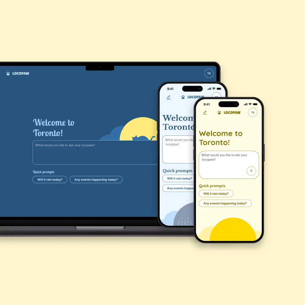 Locopaw chatbot mockup on laptop and phones in different weather-inspired themes.