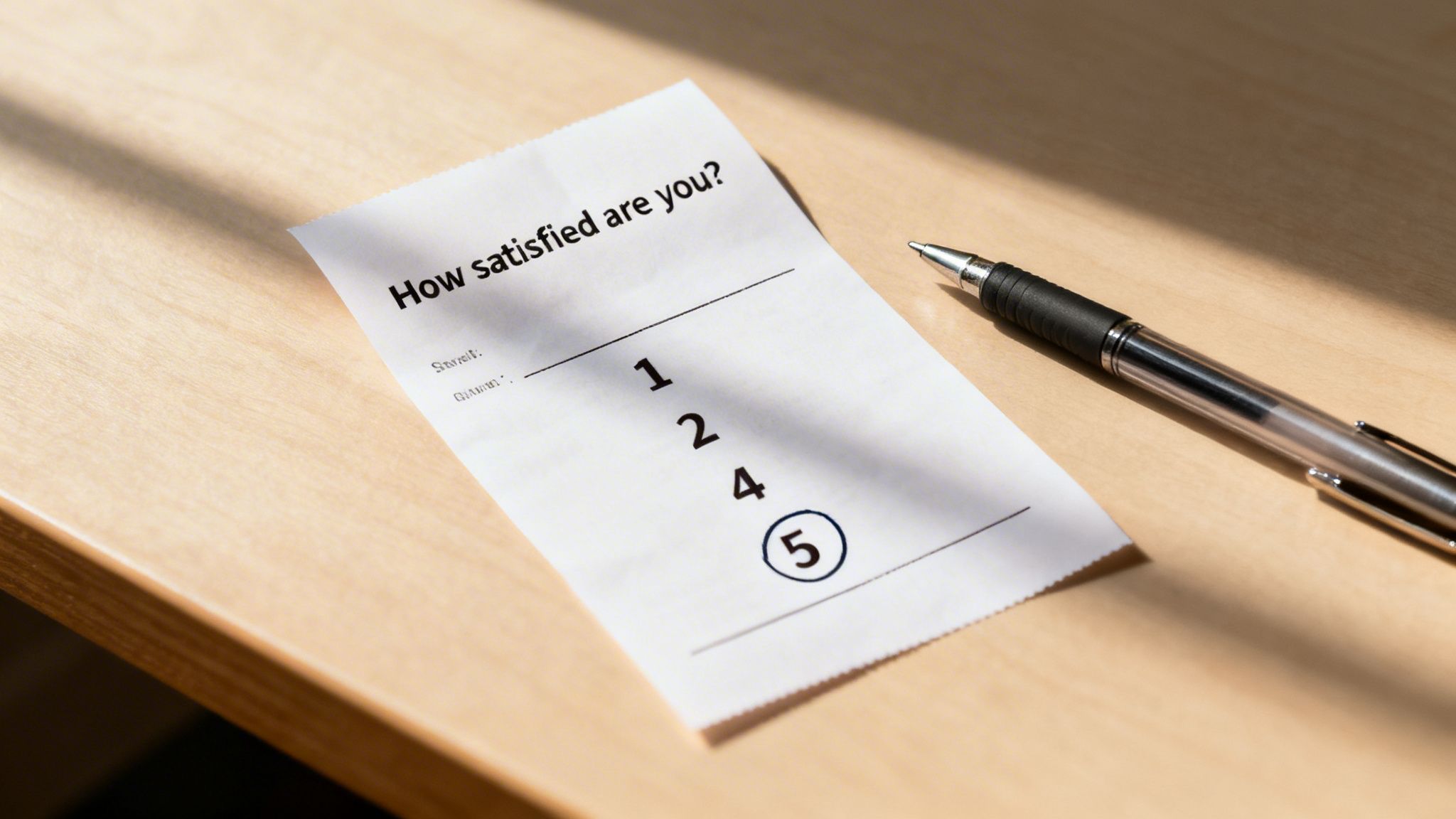 A customer satisfaction survey on a wooden table with the number '5' circled, next to a pen.