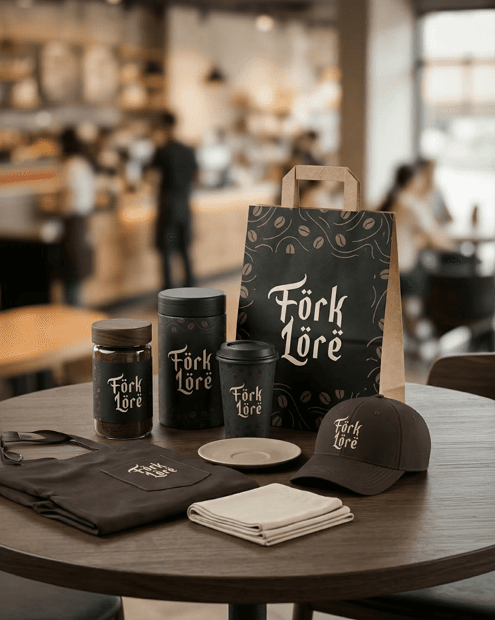 Restaurant branding applied across packaging, cups, bags, and merchandise