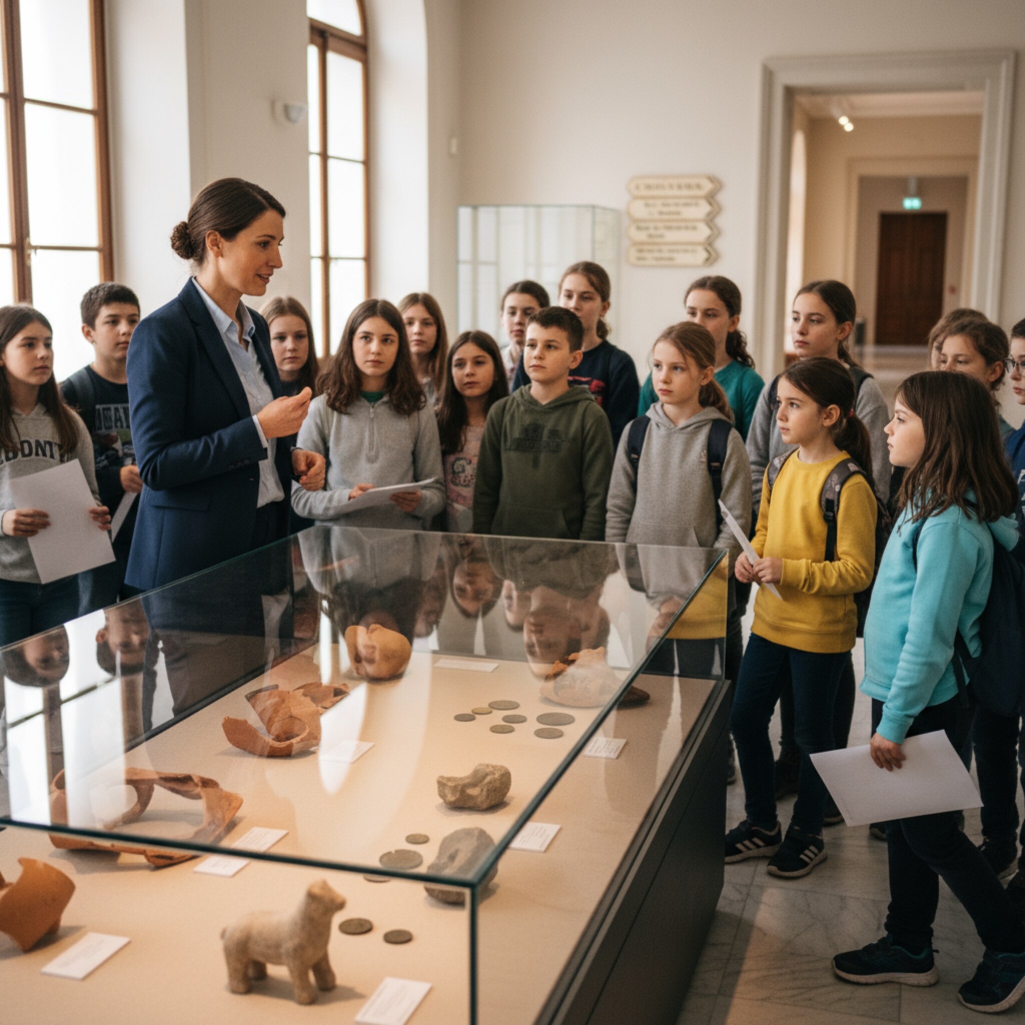 Ein Guide steht vor einer Vitrine mit archäologischen Fundstücken. Eine Schulgruppe beugt sich neugierig vor, einzelne halten Arbeitsblätter. Die Stimme des Guides füllt den Raum ruhig, die Gruppe rückt etwas zusammen. Warmes Seitenlicht lässt die Objekte im Glas leicht schimmern.