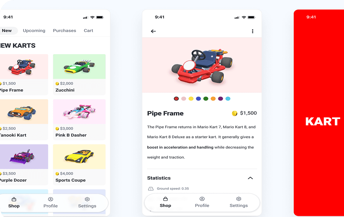 Mobile app screens displaying a product catalog with illustrated cards of karts and navigation elements.