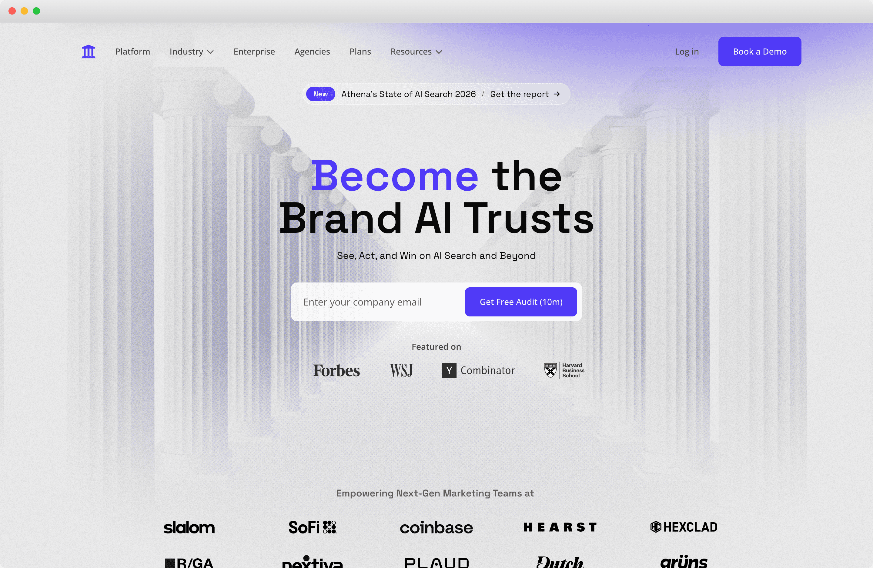 The AthenaHQ homepage, showing its AI visibility product