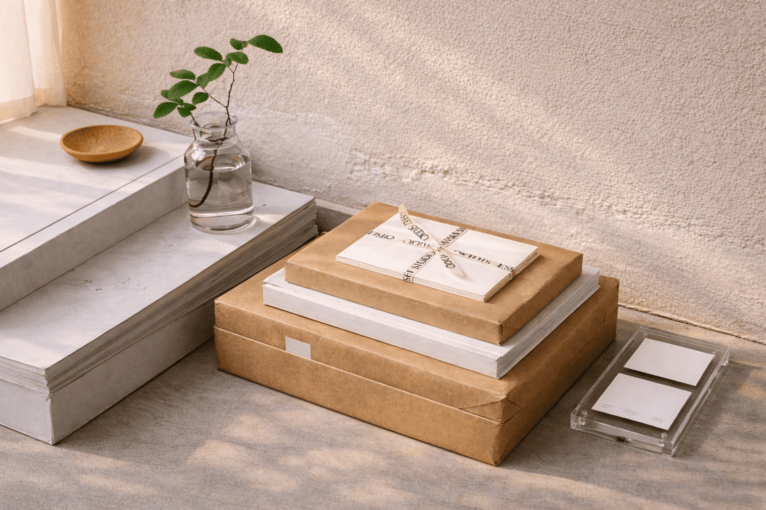 interior design books and objects stacked neatly