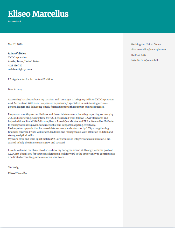 Sample cover letter for accountant