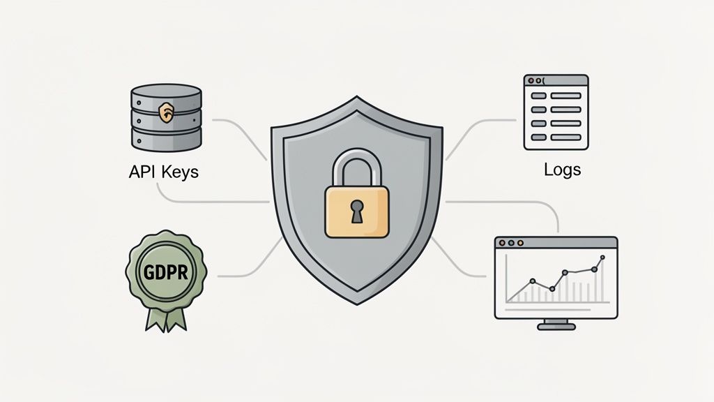 An illustration showing a shield and padlock protecting API keys, logs, and GDPR compliance, along with data monitoring.