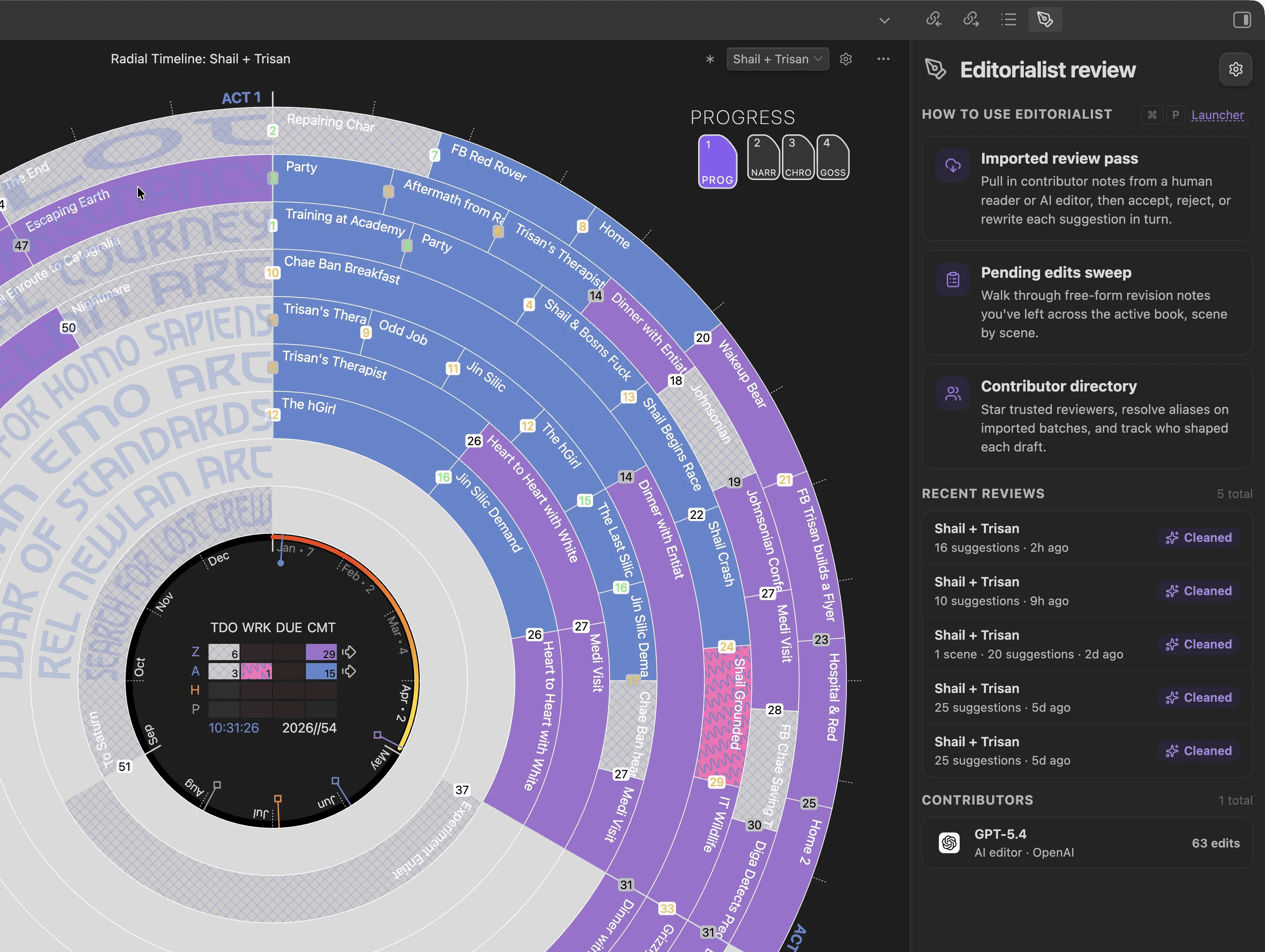 Radial Timeline and Editorialist working together in Obsidian