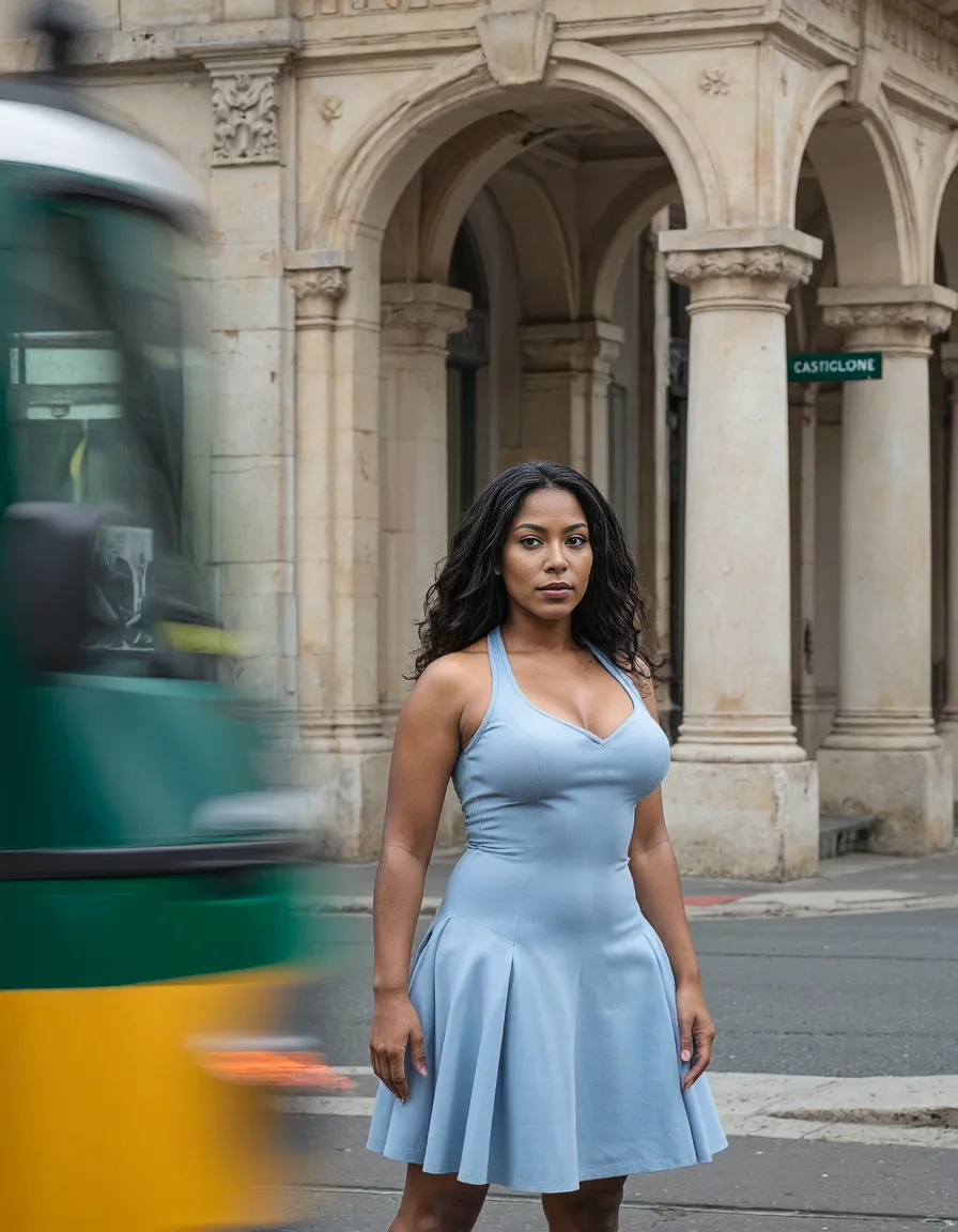Elegant light blue dress portrait against historic architecture with blurred streetcar creating dynamic street style composition